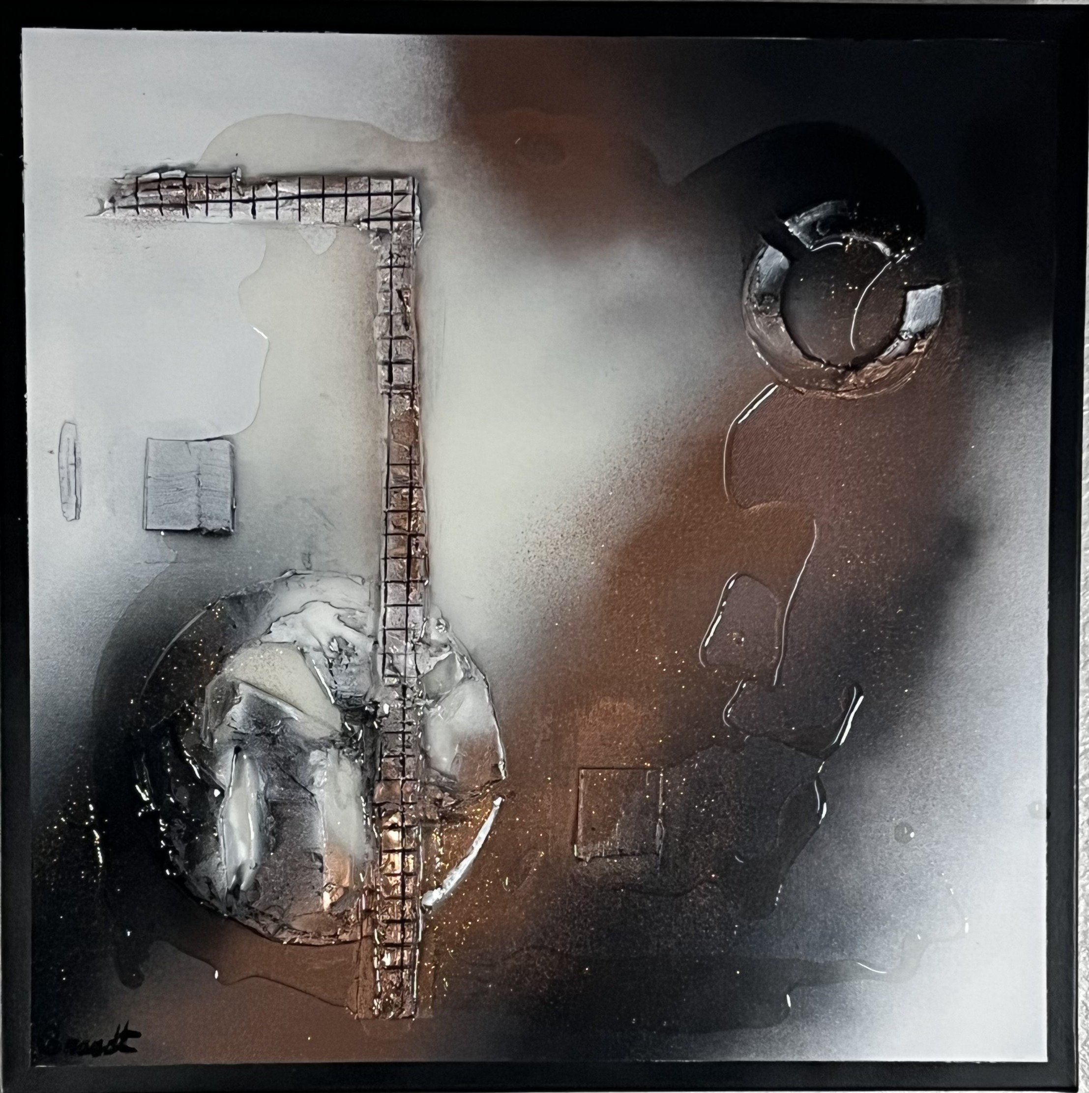 Abstract metal artwork featuring a large Roman numeral 'I' on the left side and a circled number '3' on the right side, with a background of textured and cloudy metallic surfaces.