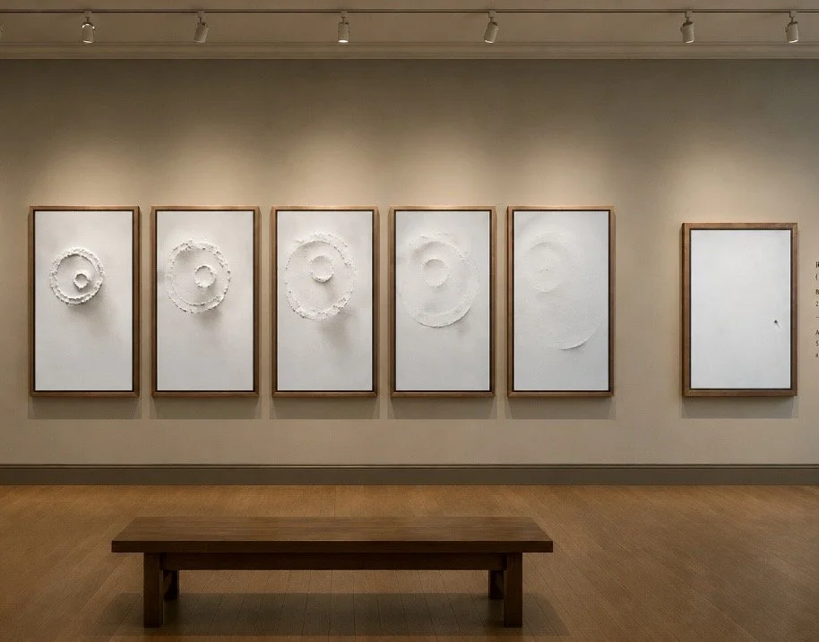 Gallery wall featuring six framed pieces of minimalist, white textured artwork with circular designs, in a neutral-colored room with a wooden bench in front.