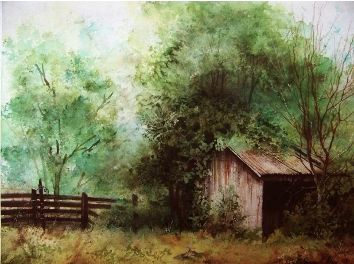 A watercolor painting of a rustic wooden barn surrounded by trees and greenery. A wooden fence runs along the left side of the scene.