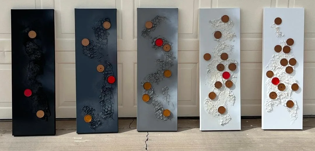 Set of five vertical modern wall art panels with circular designs and geometric patterns in black, gray, and white, each featuring brown and red accents.