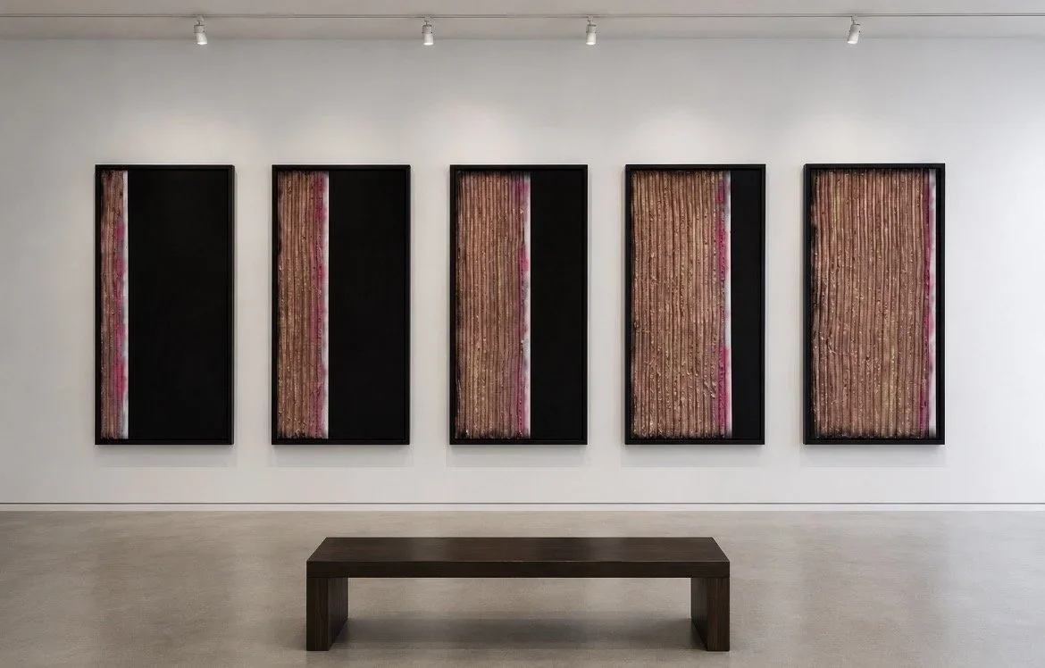Five vertical abstract art pieces with wooden textures and pink accents, framed in black, displayed on a white gallery wall with a bench in front.