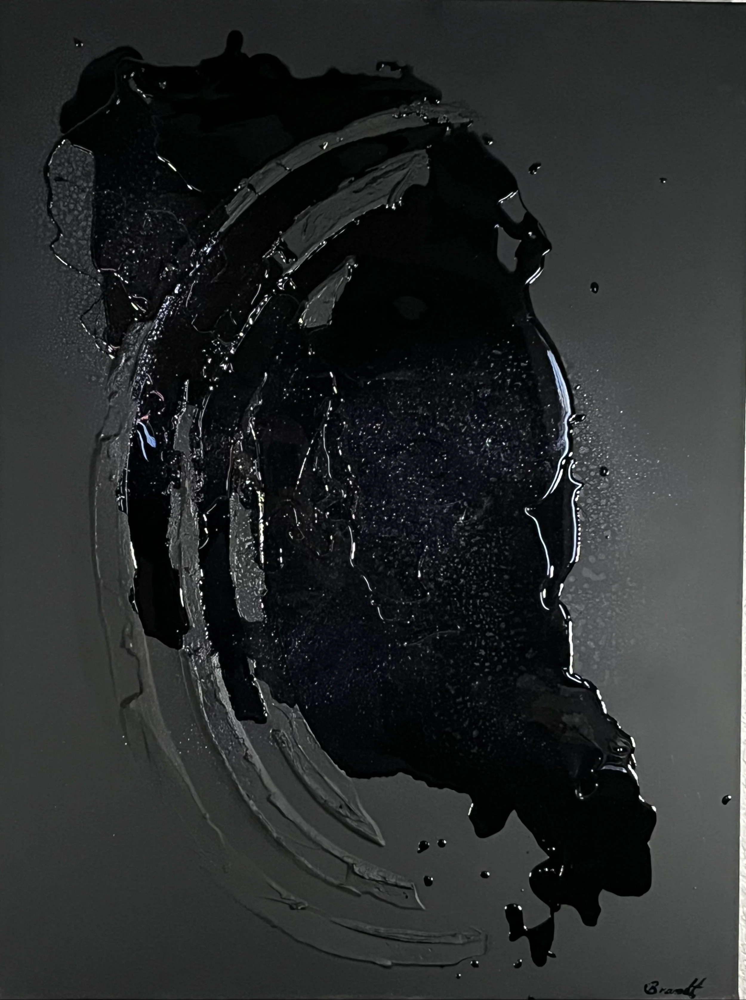 Abstract black and gray painting with textured splatters and brushstrokes.