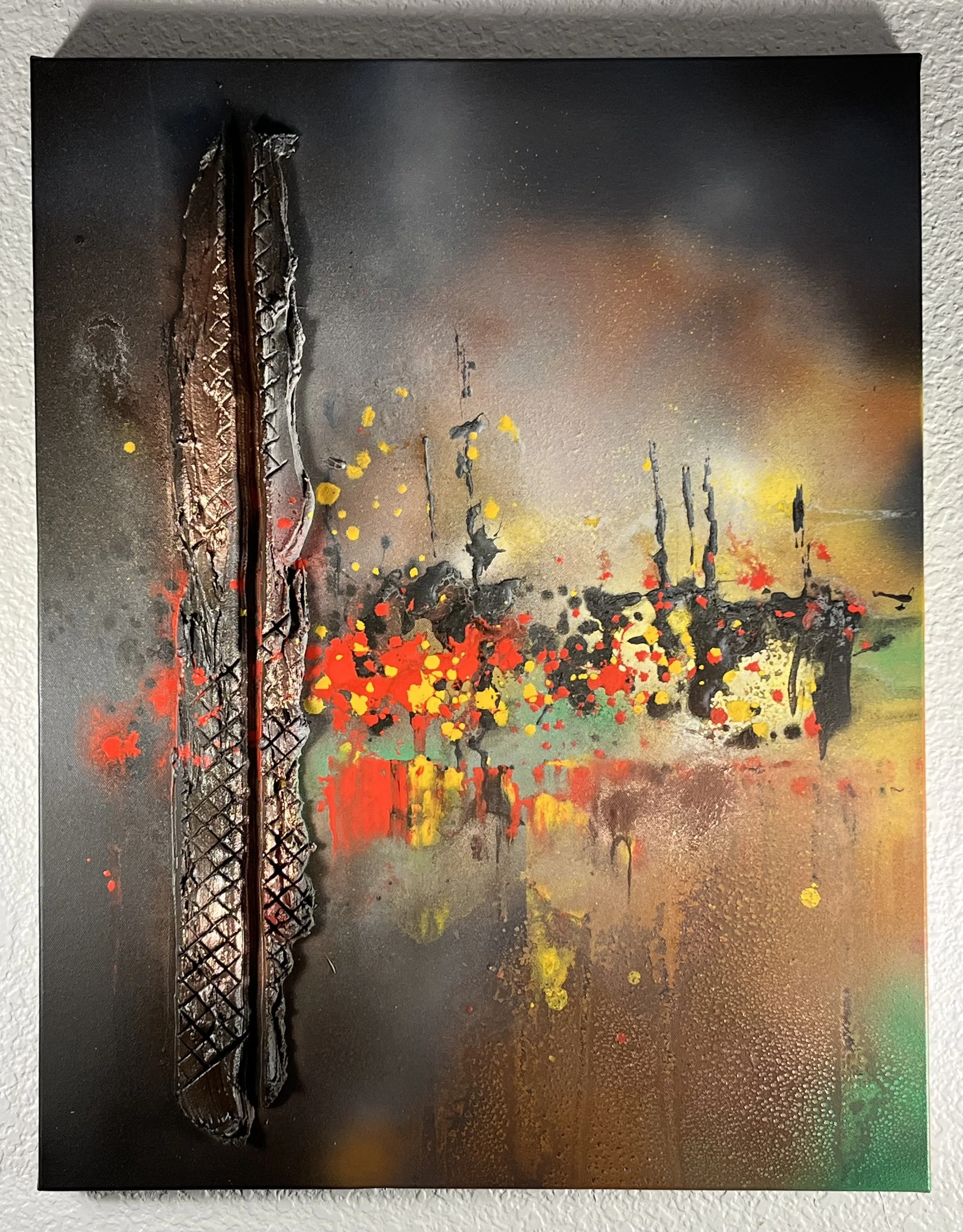 An abstract painting featuring a black tower or structure on the left side, with splashes of red, yellow, black, and hints of green and orange across a dark background. The overall style is expressive and textured.