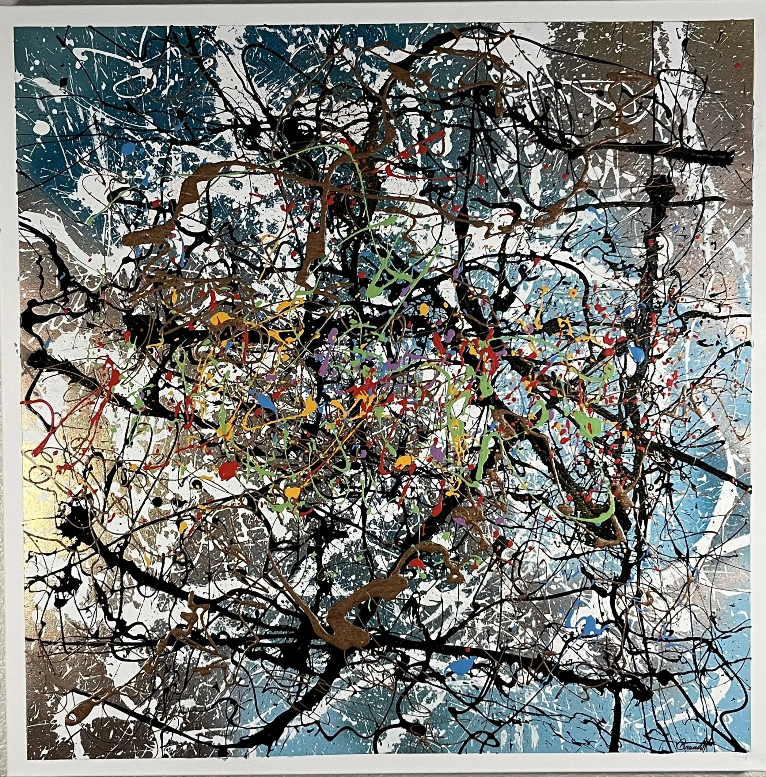 An abstract painting depicting a chaotic intertwining of tree branches and splatters of paint in various colors, including black, white, green, yellow, red, and blue, creating a dynamic and energetic composition.