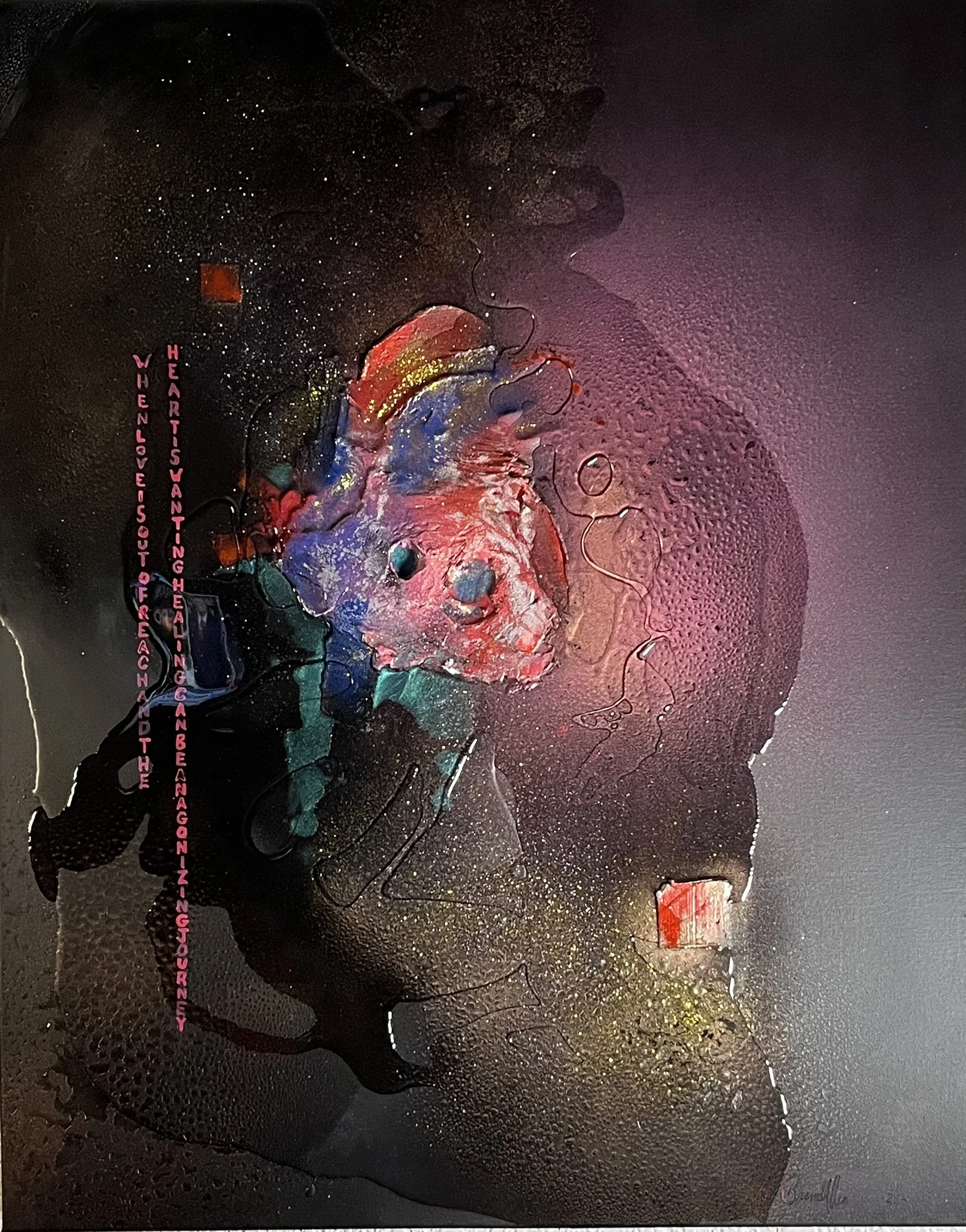 Abstract colorful painting with black, red, blue, yellow, and white splashes and drips, with pink text on the left side reading 'WHENLOVEISOUT OF REACH AND HEARTHS VANTING, THE FIGURE AND THE BENGAL REACH AND THE...'