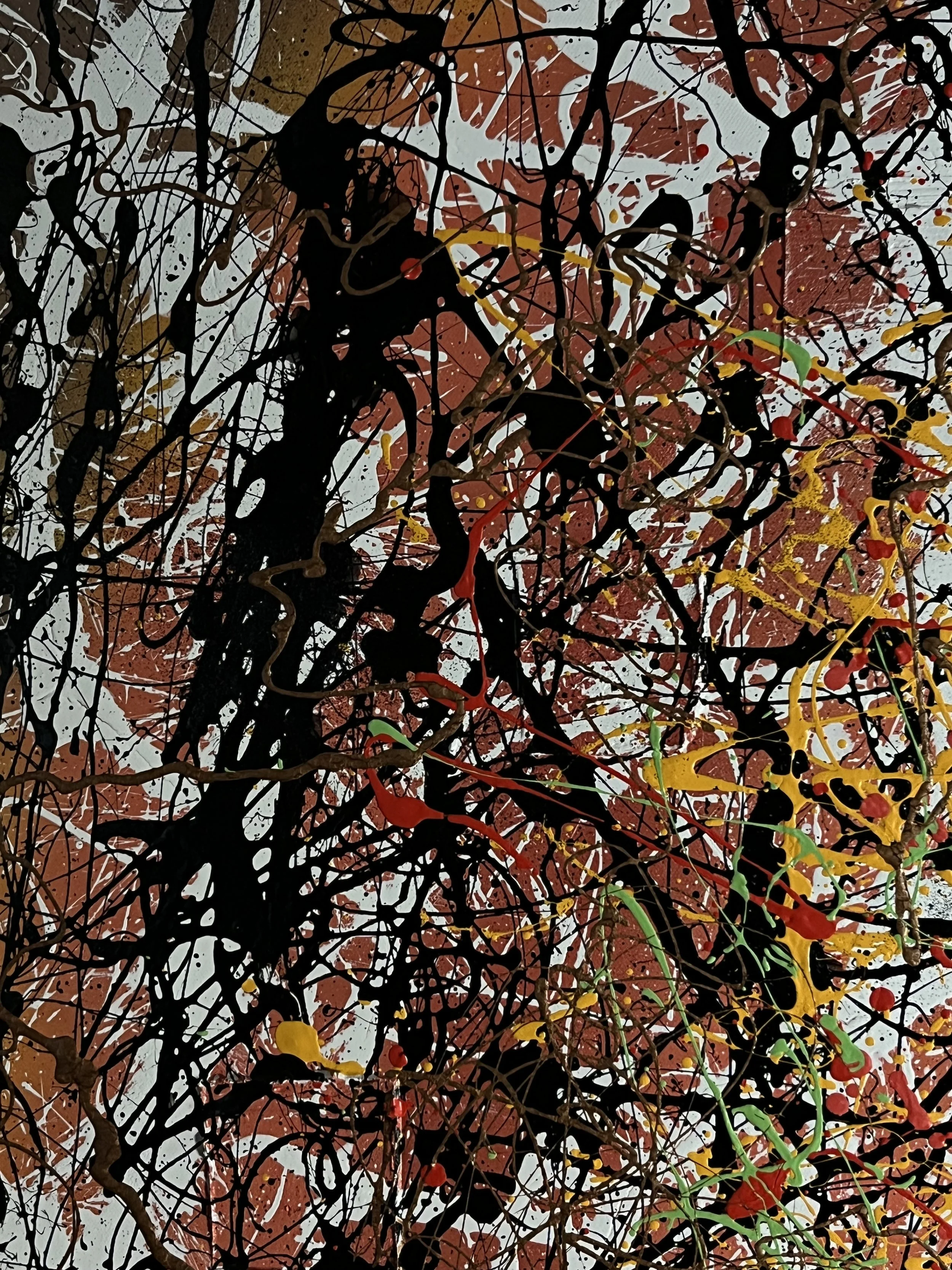Abstract expressionist painting with black, red, yellow, green, and brown paint splatters and drips on a white background.