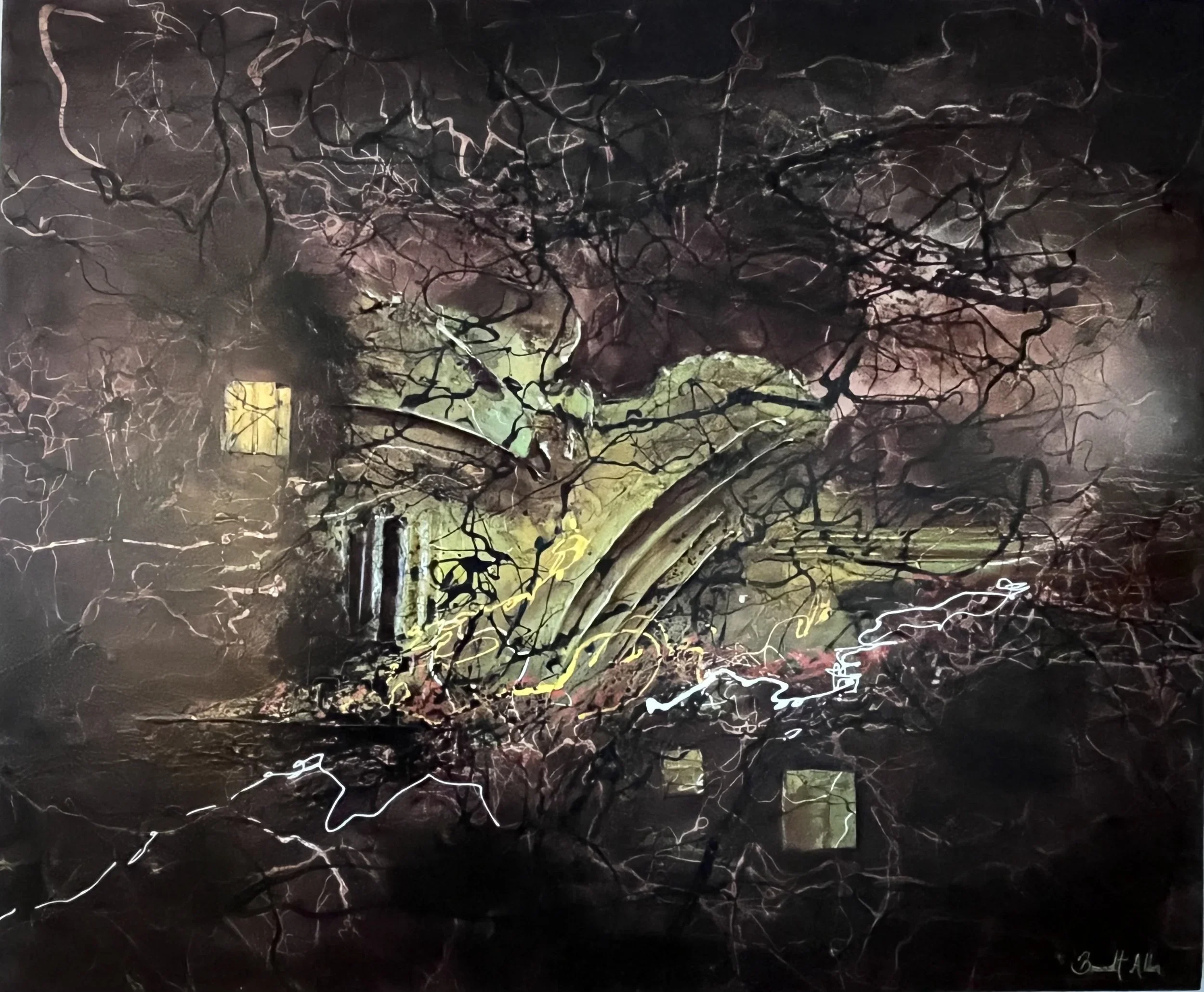 Abstract painting of dark branches or vines against a black background, with hints of green, yellow, and pink lighting effects.