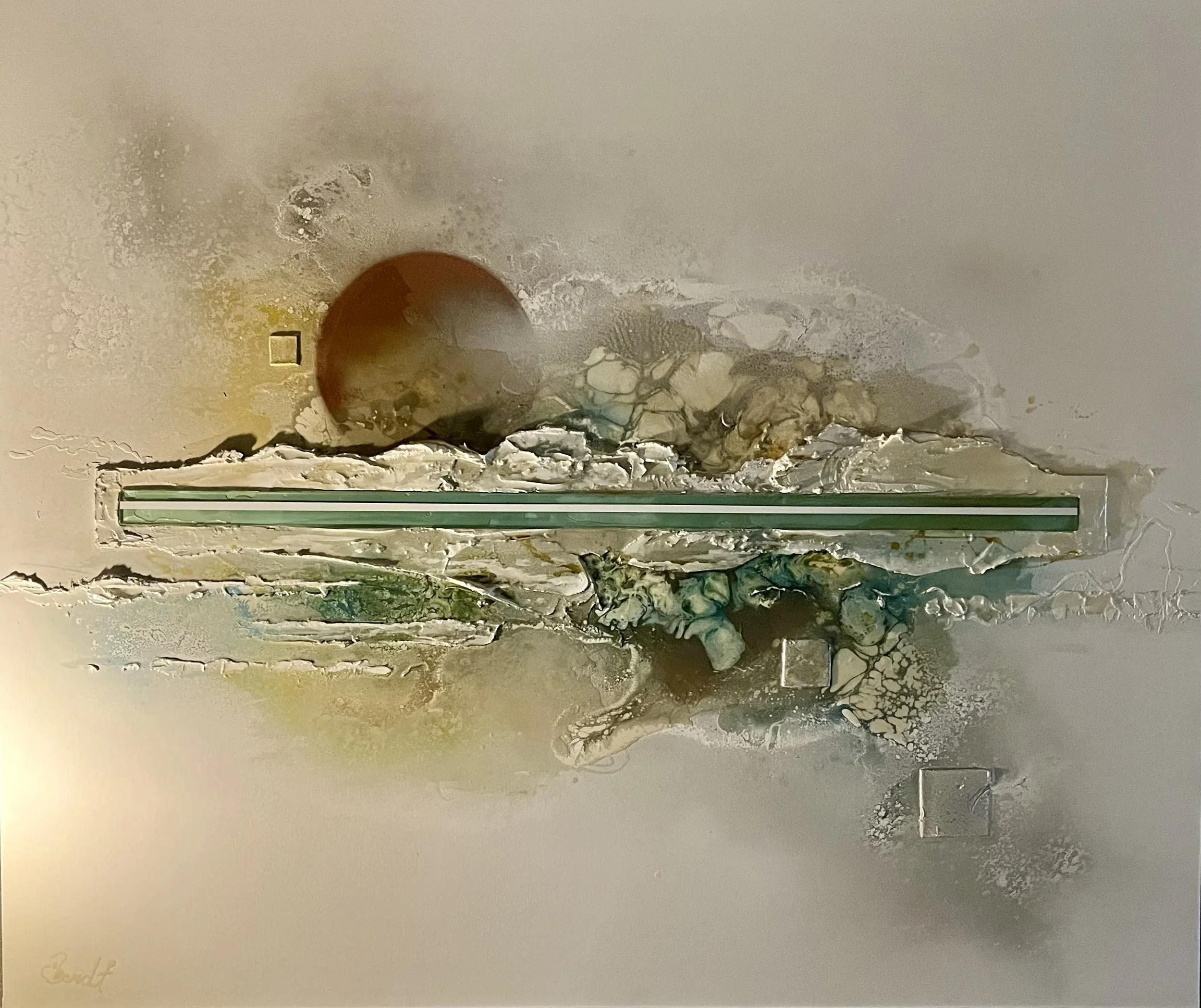 A wall with a damaged area revealing wires, pipes, and debris, with a brown circular object in front and a metal strip at the bottom.