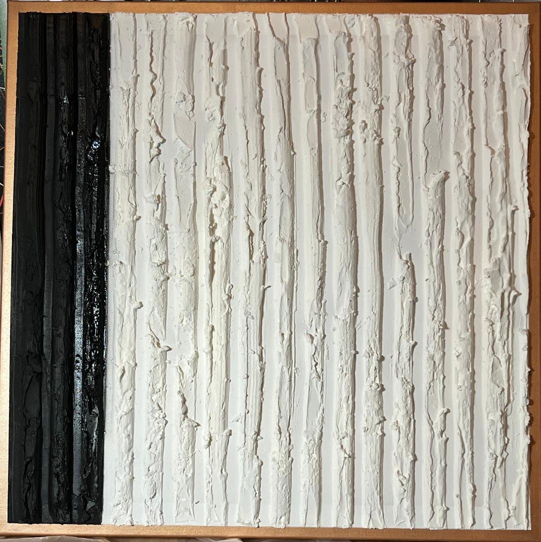 Textured abstract artwork with black vertical stripe on left and white textured surface with vertical lines