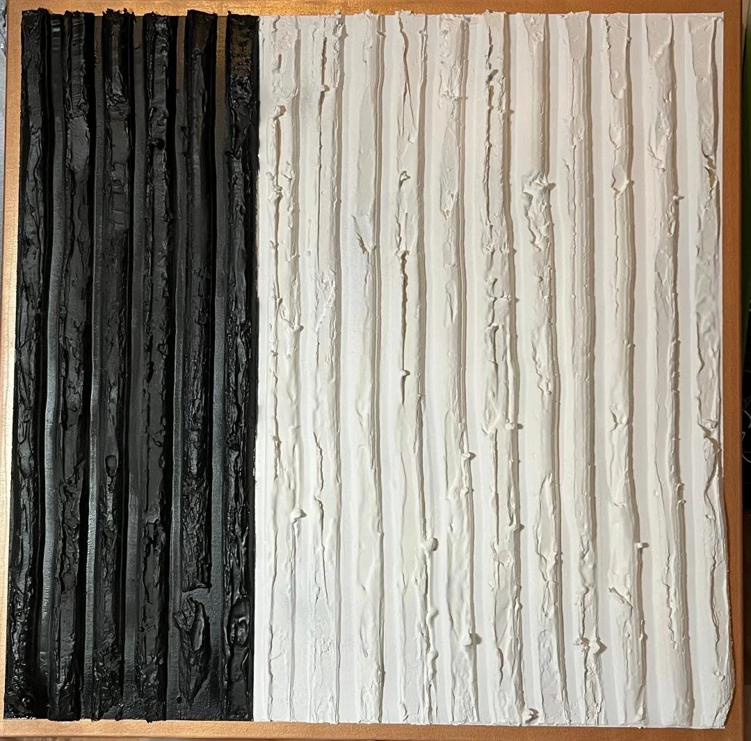 Abstract painting with vertical textured black and white stripes.