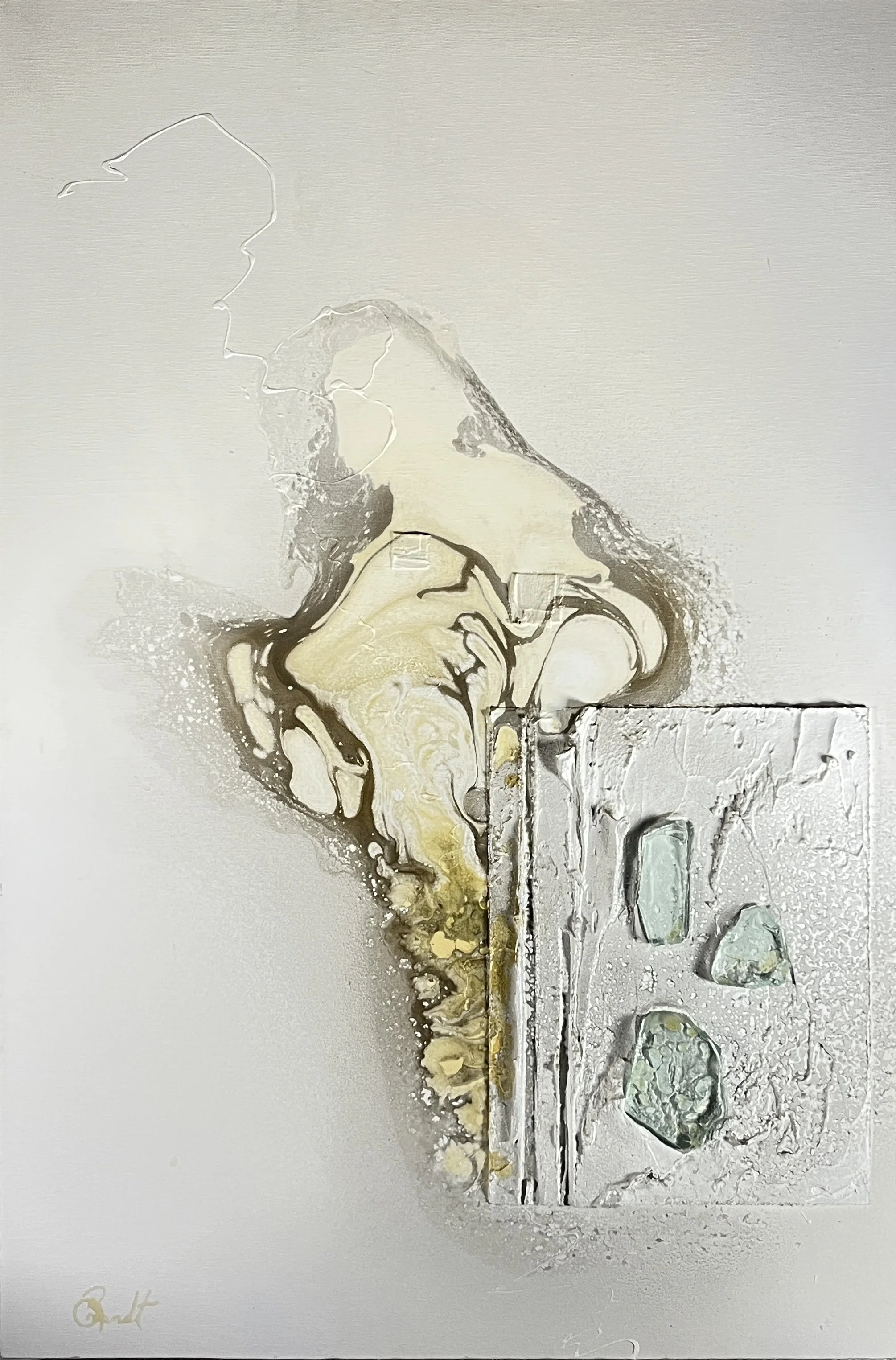 Abstract artwork featuring a vertical arrangement of mixed media, textured paper, and glass elements with a neutral background and signature in the bottom left corner.