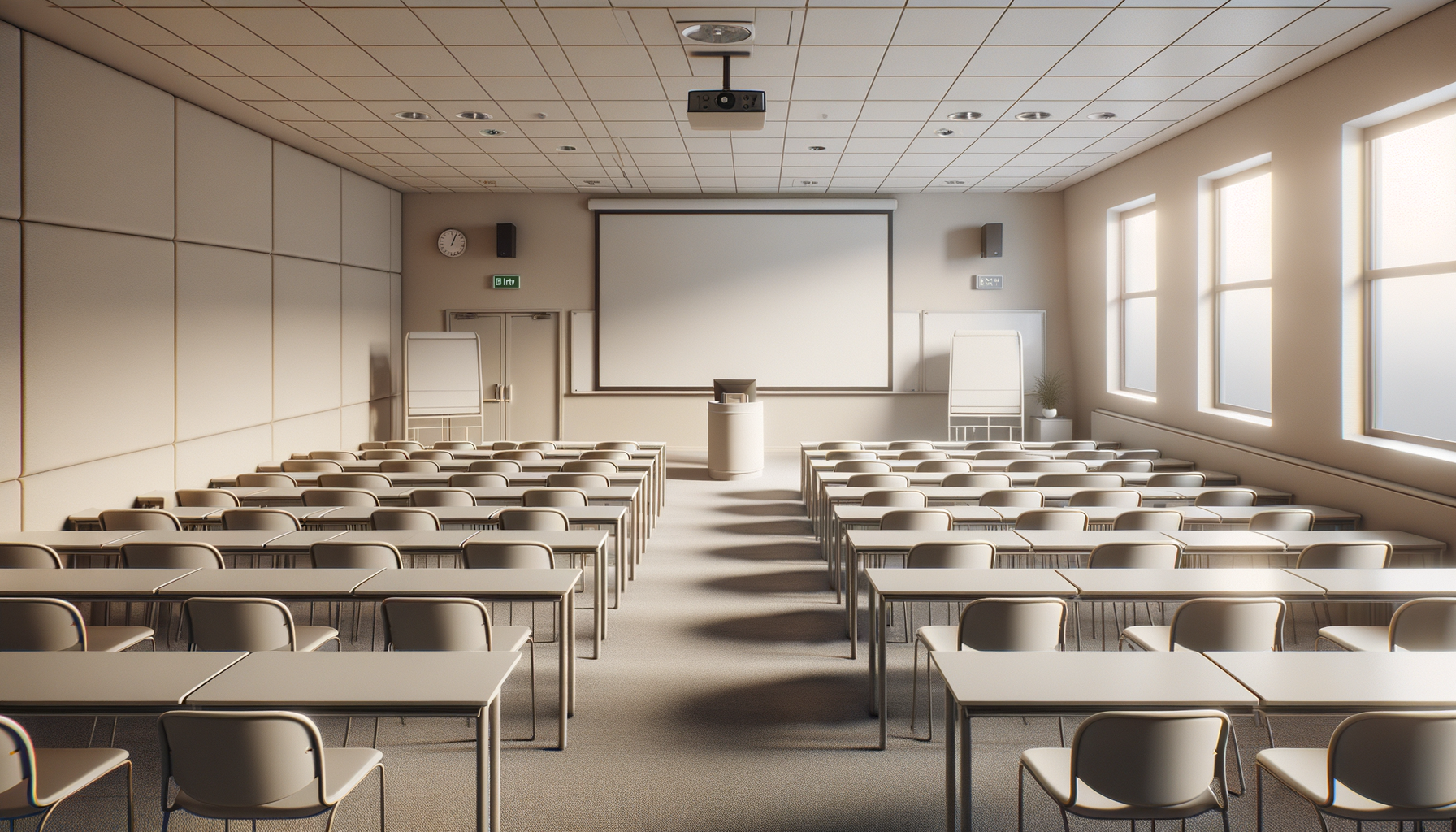 Empty classroom with rows of beige chairs and light wood desks, a large white screen at the front, windows on the right side, and a projector mounted on the ceiling.