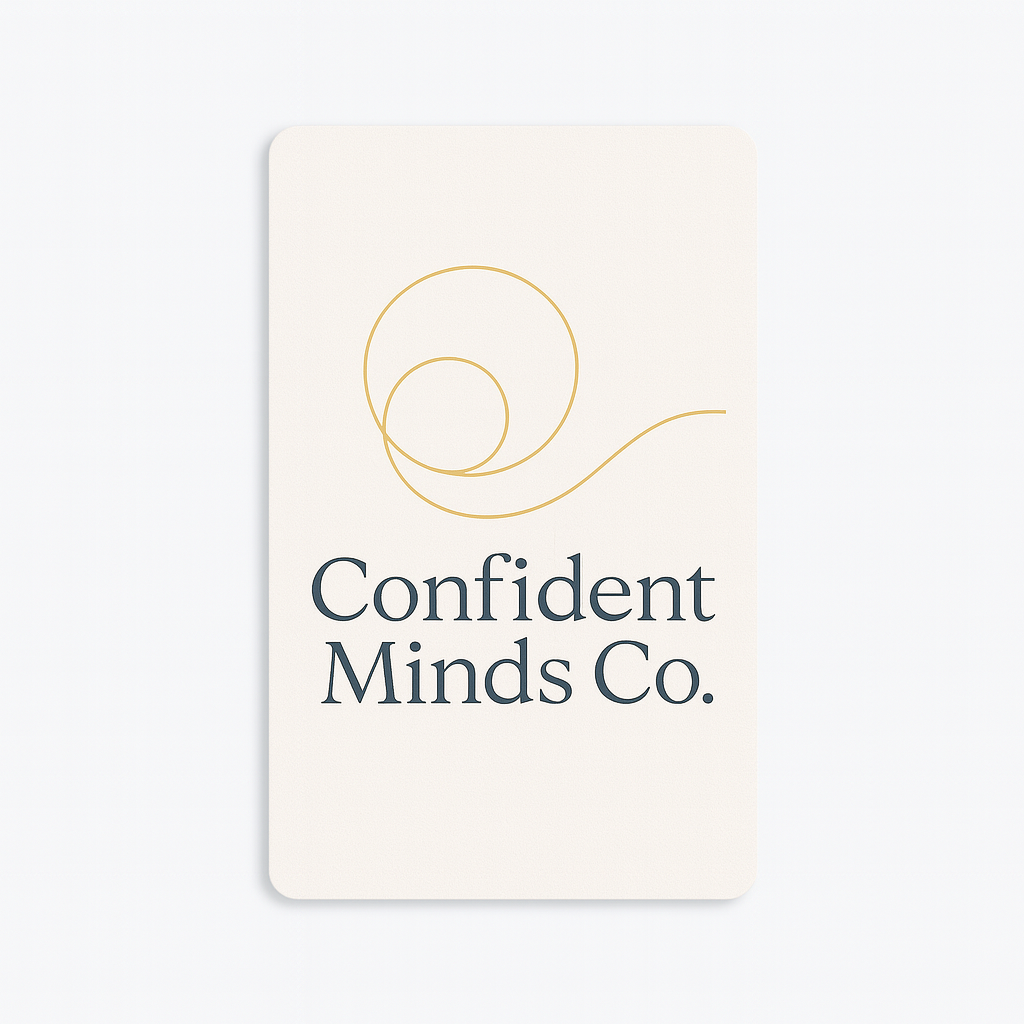 A white card with a minimalistic gold spiral design and the text 'Confident Minds Co.'