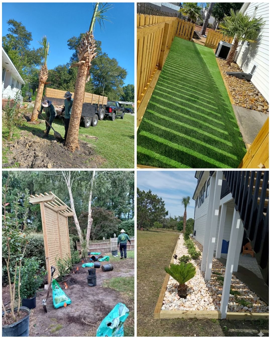 Collage of four photos showing different stages of landscaping. Top left shows workers planting palm trees, top right shows a fenced backyard with artificial grass. Bottom left depicts planting and preparing soil with gardening tools, bottom right features a finished yard with decorative gravel, small plants, and a palm tree.