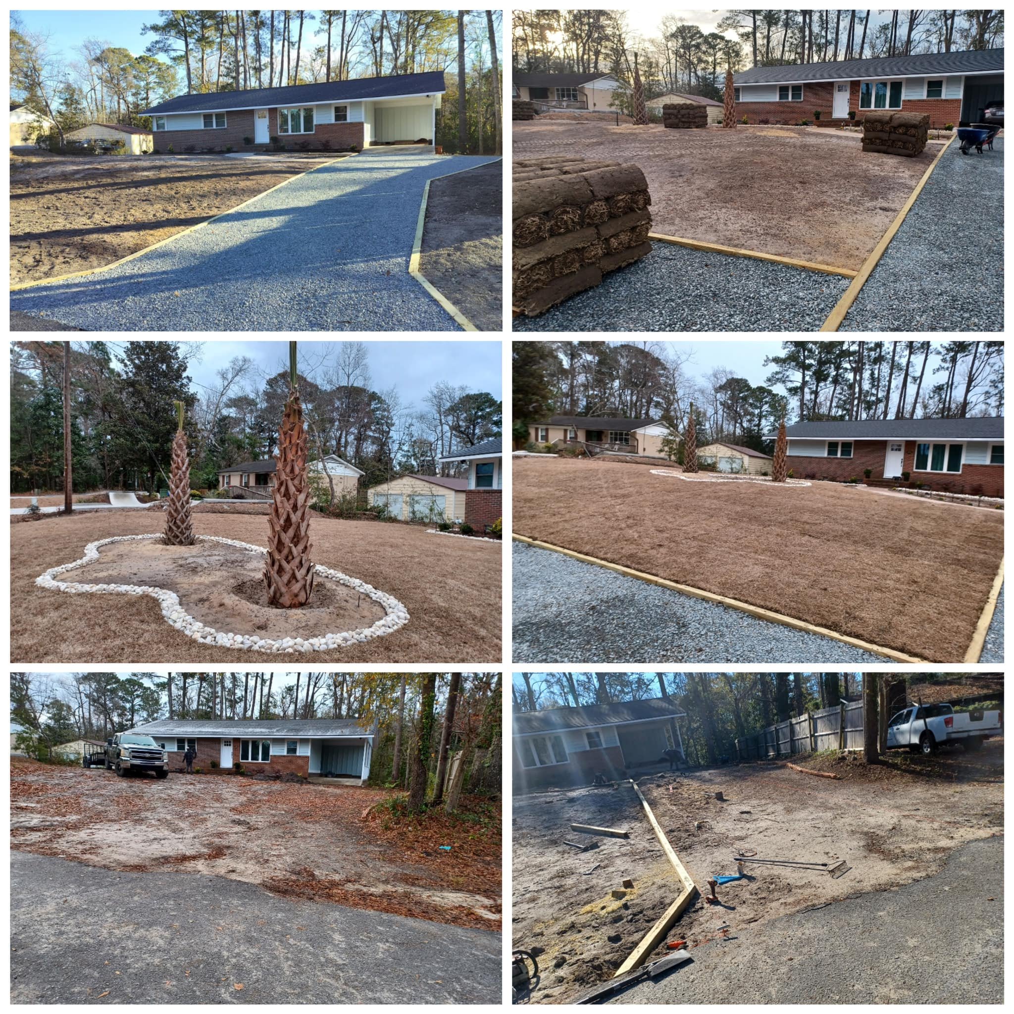 A collage showing the progression of landscaping work on a front yard. The first row features newly installed gravel pathways and stone-bordered areas. The second row shows a landscaped yard with mulch, decorative palm trees, and a clean, maintained appearance. The third row depicts yard excavation and preparation for further landscaping or construction work, including demolition and removal of old materials.