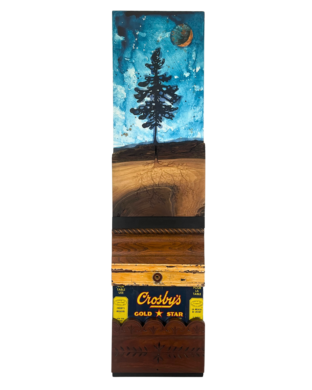 Saint John Series #1 ~ Crosby Molasses 
12" x 48"
Acrylic, walnut, found objects, patinated copper.