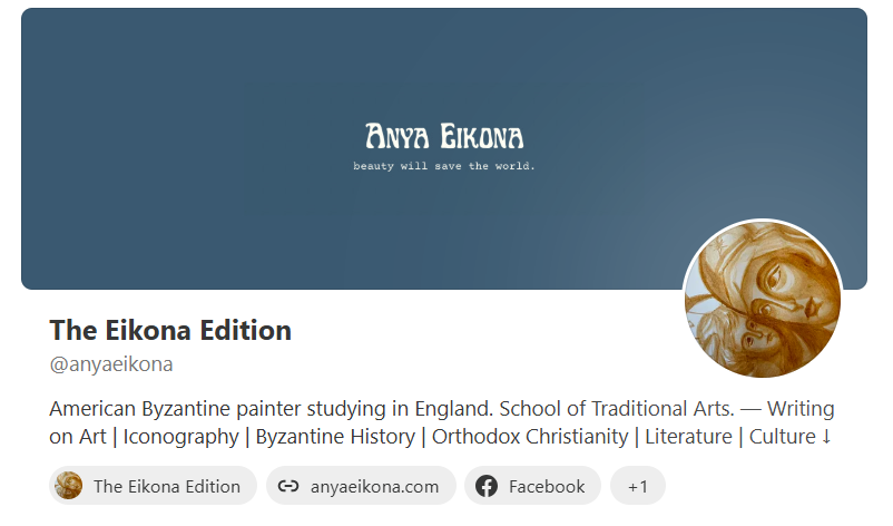 Twitter profile header featuring the name Anna Eikona and the slogan "beauty will save the world." Below is the profile name "The Eikona Edition," a username, a brief description, and profile picture of a Byzantine-style painting of a woman.