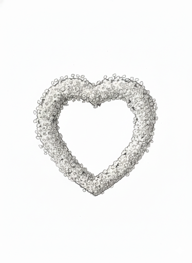 Heart shape made of multiple small bubbles or crystals on a white background.