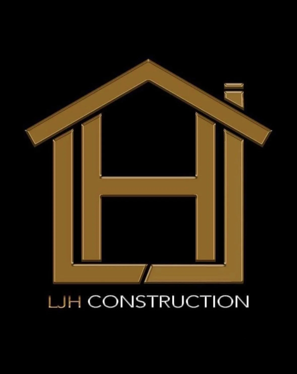 Gold outline of a house with the letter H in the center, above the text 'LJH Construction' on a black background.