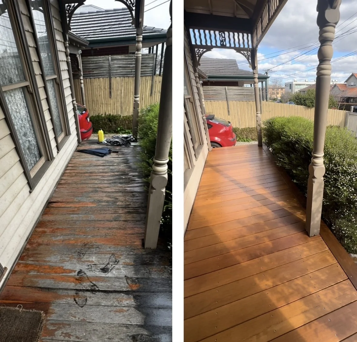 Side-by-side comparison of a porch: the left shows a weathered, dirty wooden deck with some cleaning supplies, the right shows a clean, stained, and polished wooden deck.