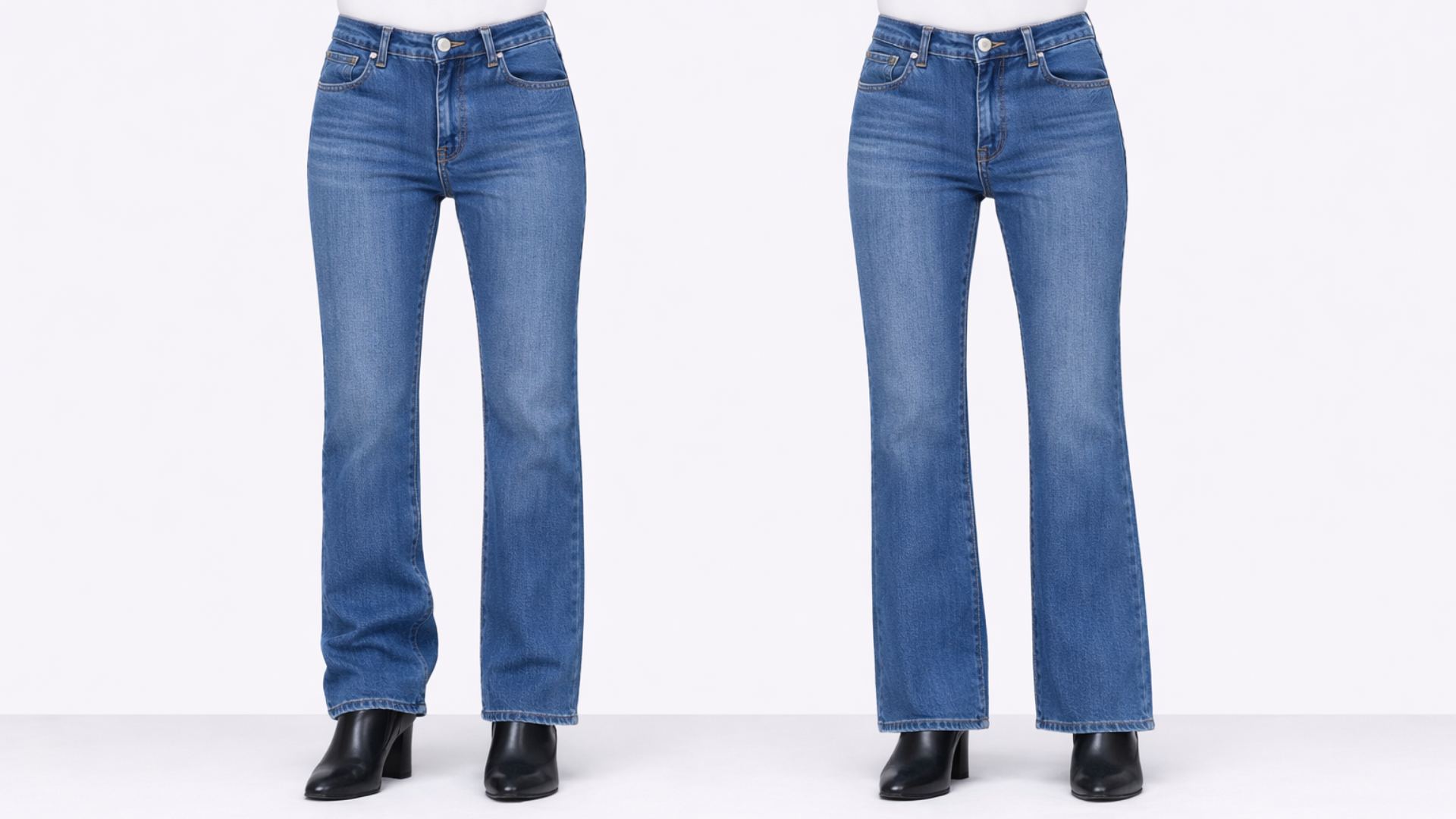 Comparison of straight leg jeans stacking over ankle boots versus clean hem meeting boot shaft for a streamlined silhouette.