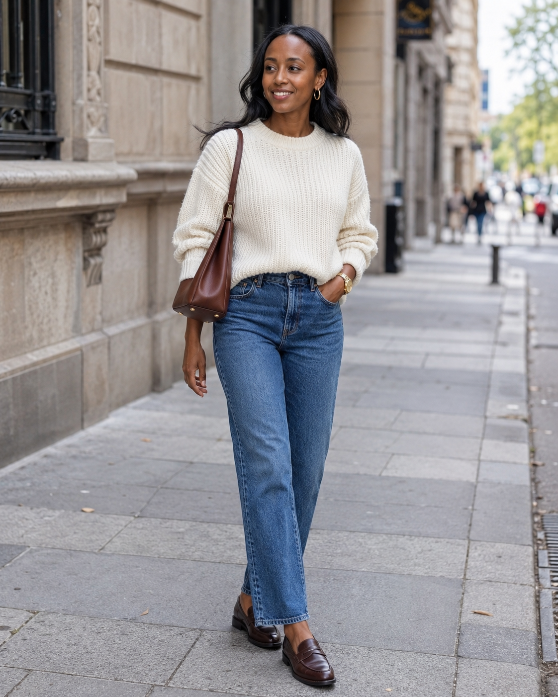 East African woman wearing a cream knit sweater, straight-leg jeans, brown loafers, and a structured brown shoulder bag