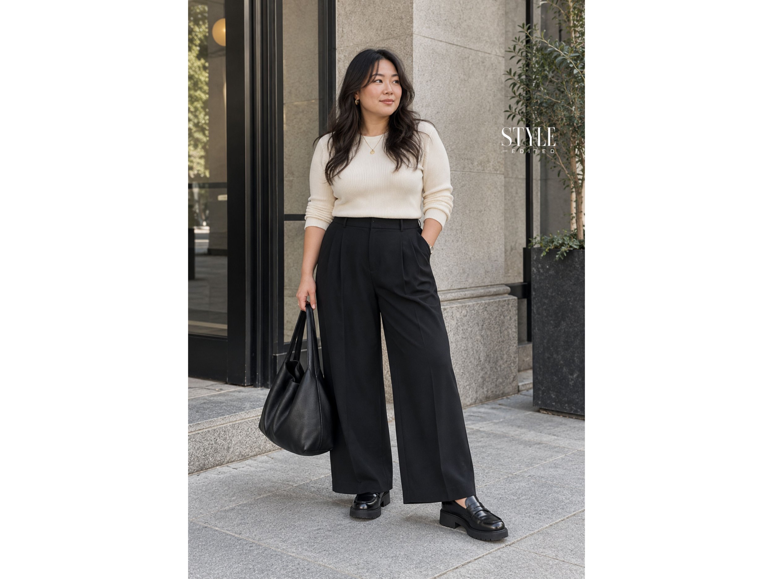 Woman in wide-leg trousers and loafers posing on a city street in a softly tailored outfit.
