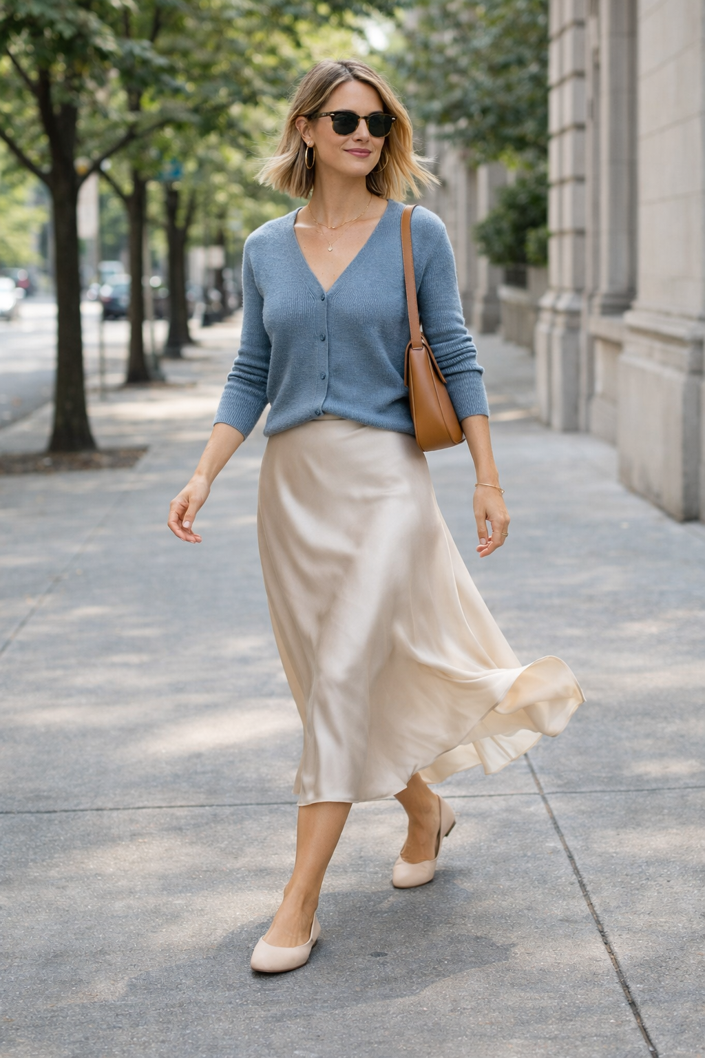 transitional spring outfit cardigan slip skirt neutral flats spring outfit cold morning warm afternoon women