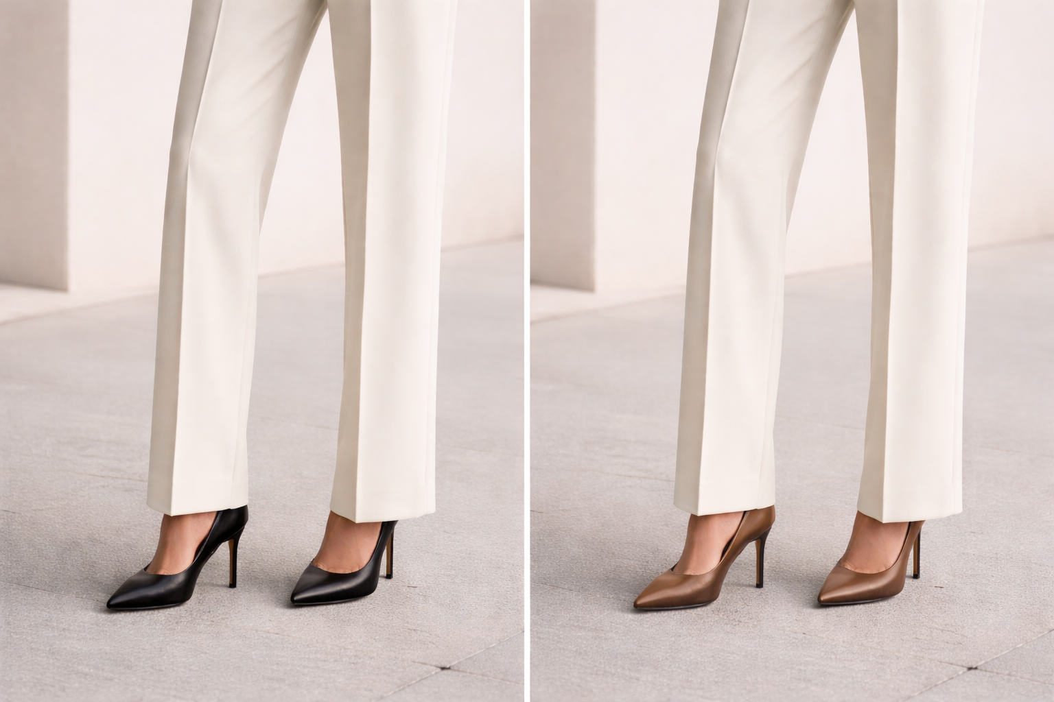 Split-screen comparison of black heels versus light brown heels styled with ivory tailored trousers to show contrast differences in neutral outfits.