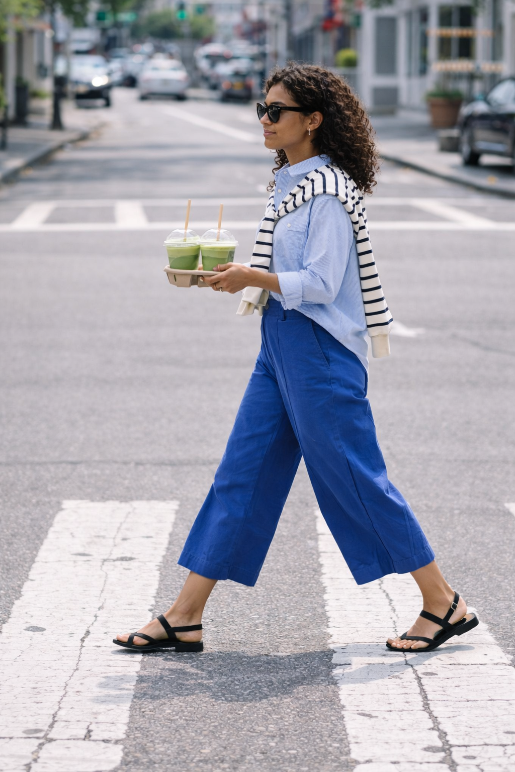 transitional spring outfit blue cropped pants button down sweater over shoulders casual spring outfit cool morning warm afternoon
