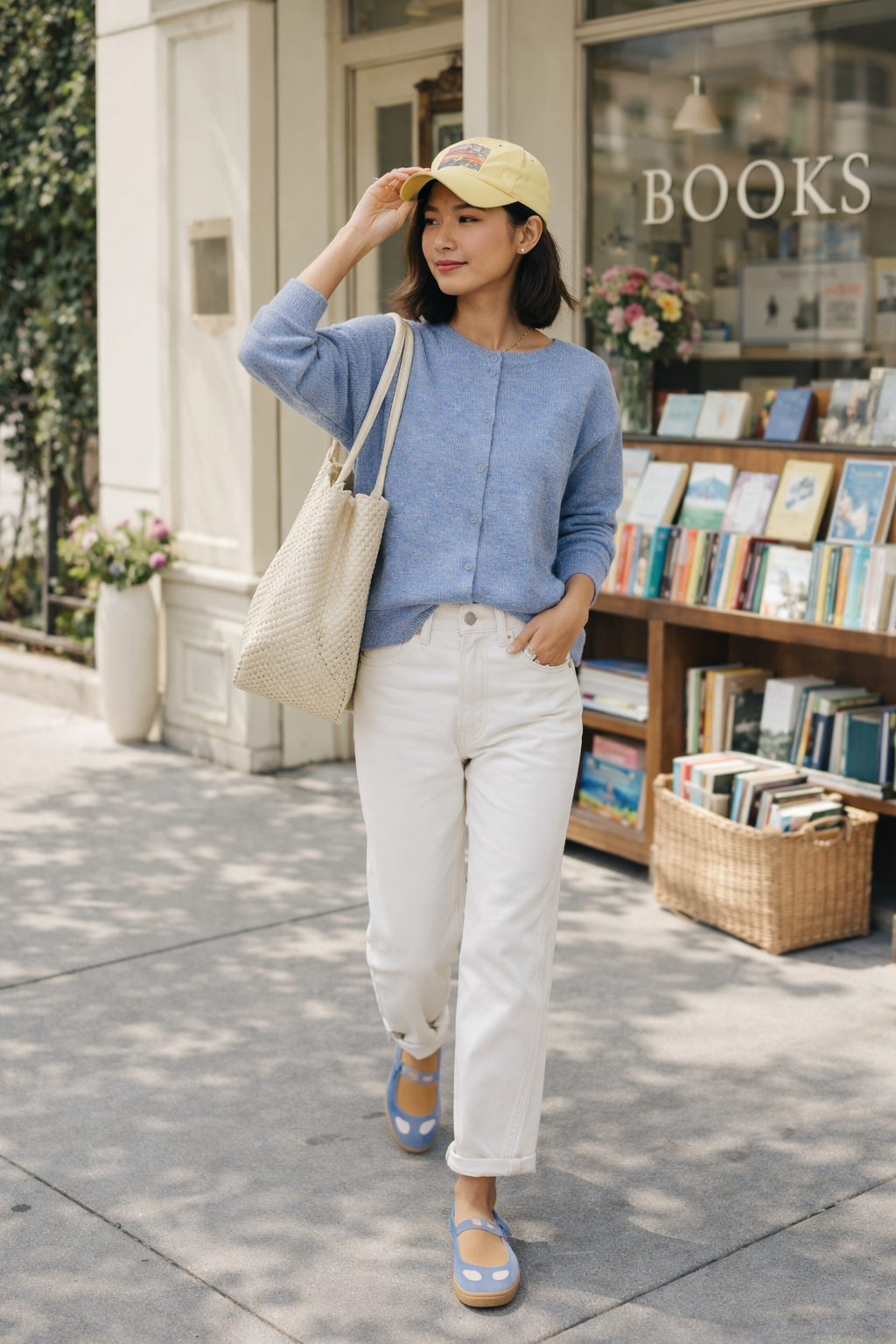 transitional spring outfit blue cardigan white jeans mary jane sneakers casual spring outfit cold morning warm afternoon