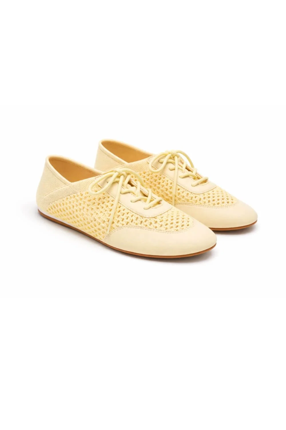 Butter yellow mesh lace up sneakers with round toe and minimal sole