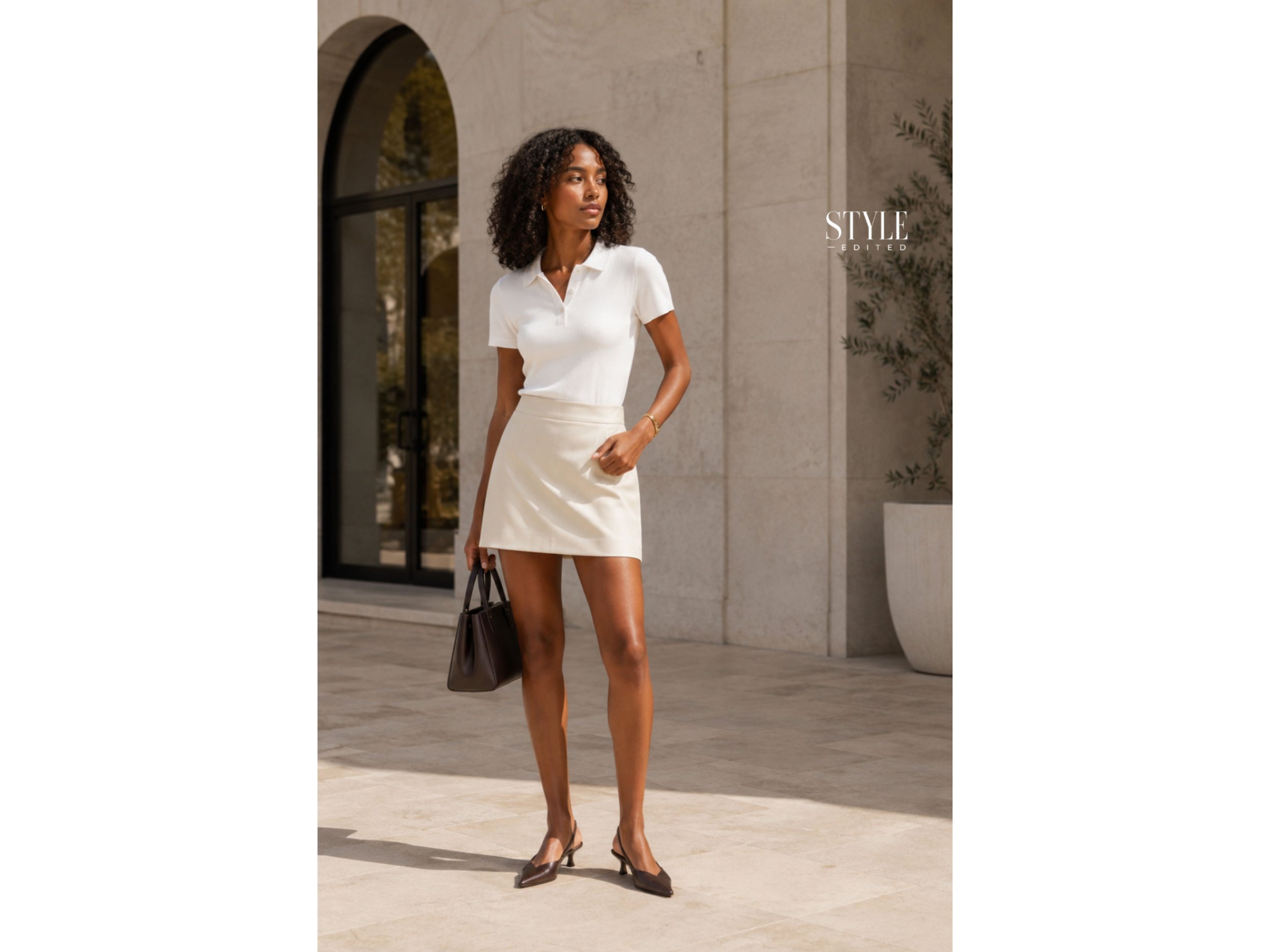 East African woman wearing a fitted polo shirt with a mini skirt and pointed slingbacks in an upscale outdoor setting.