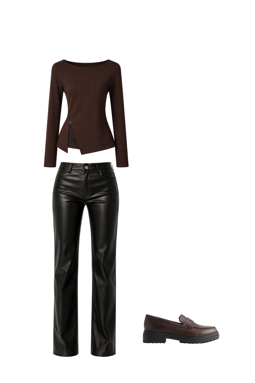 Fitted brown knit top and black leather pants styled with chunky brown loafers for a structured contrast outfit.