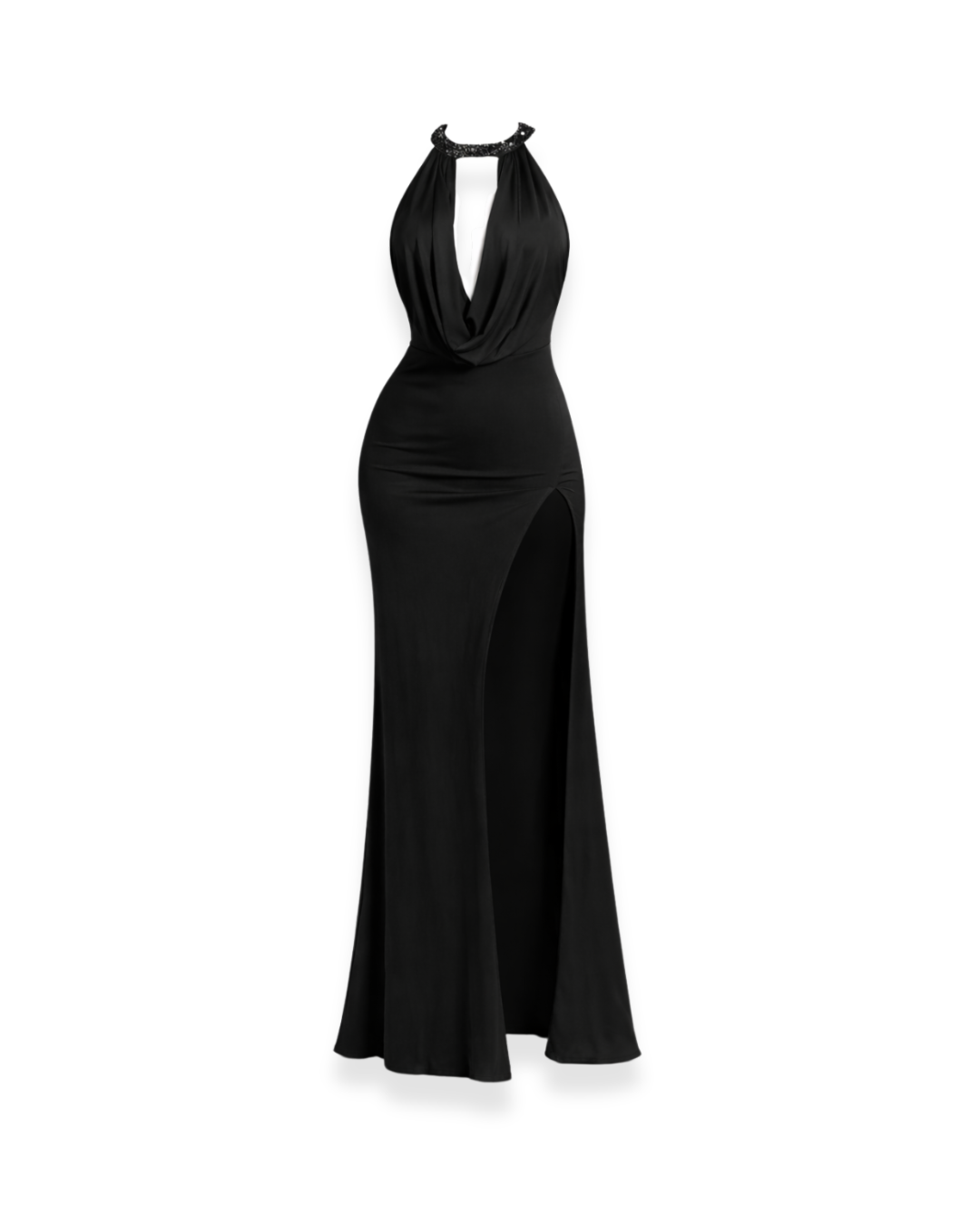 Cowl-Neck Thigh-High Gown in Black.png