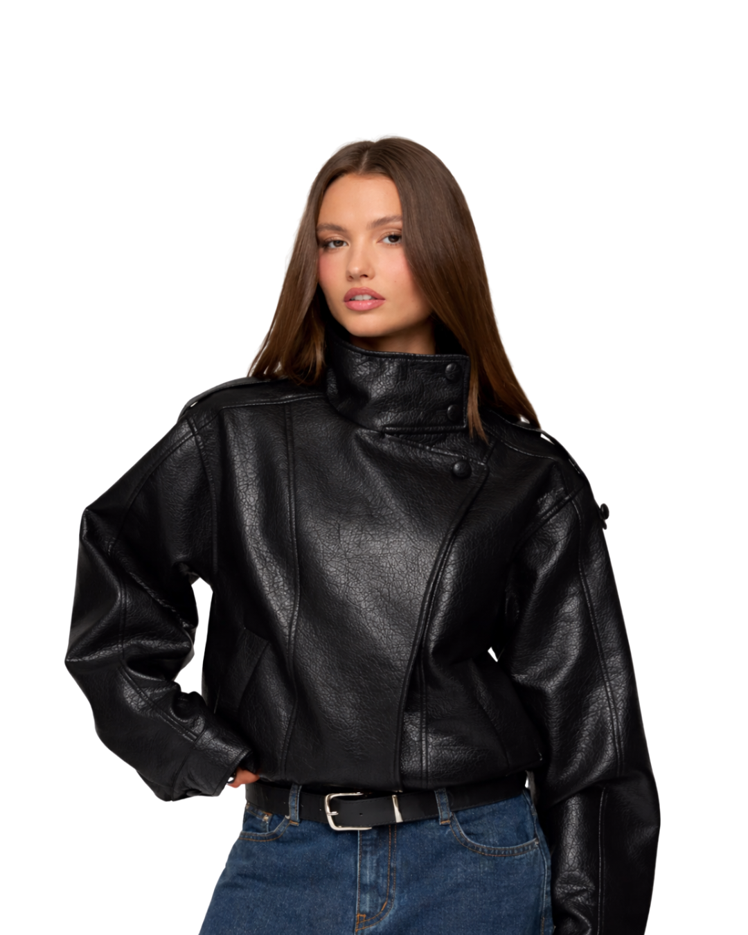 womens black leather collar bomber jacket.png