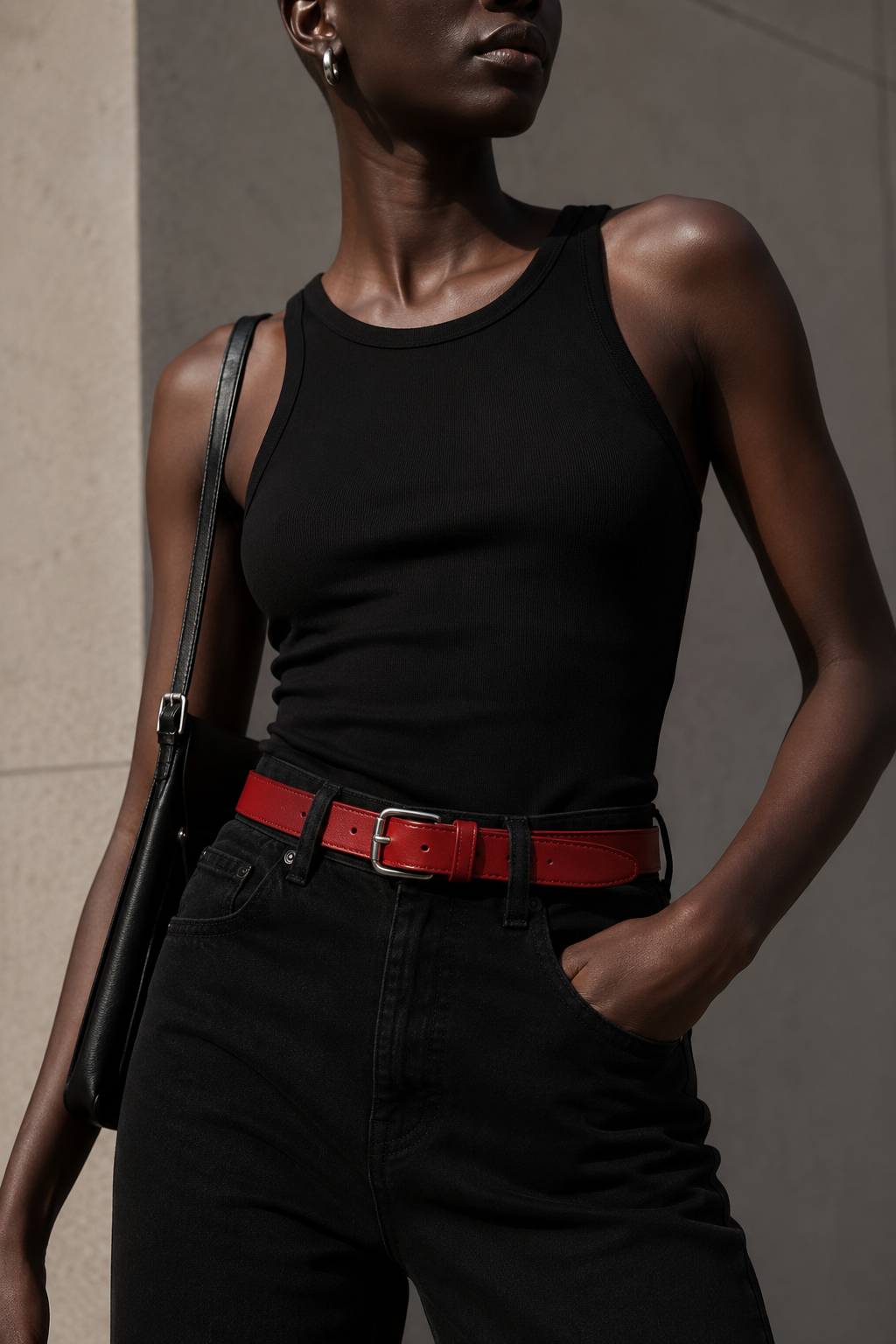 Black Outfit With Red waist Belt womens outfit ideas.png