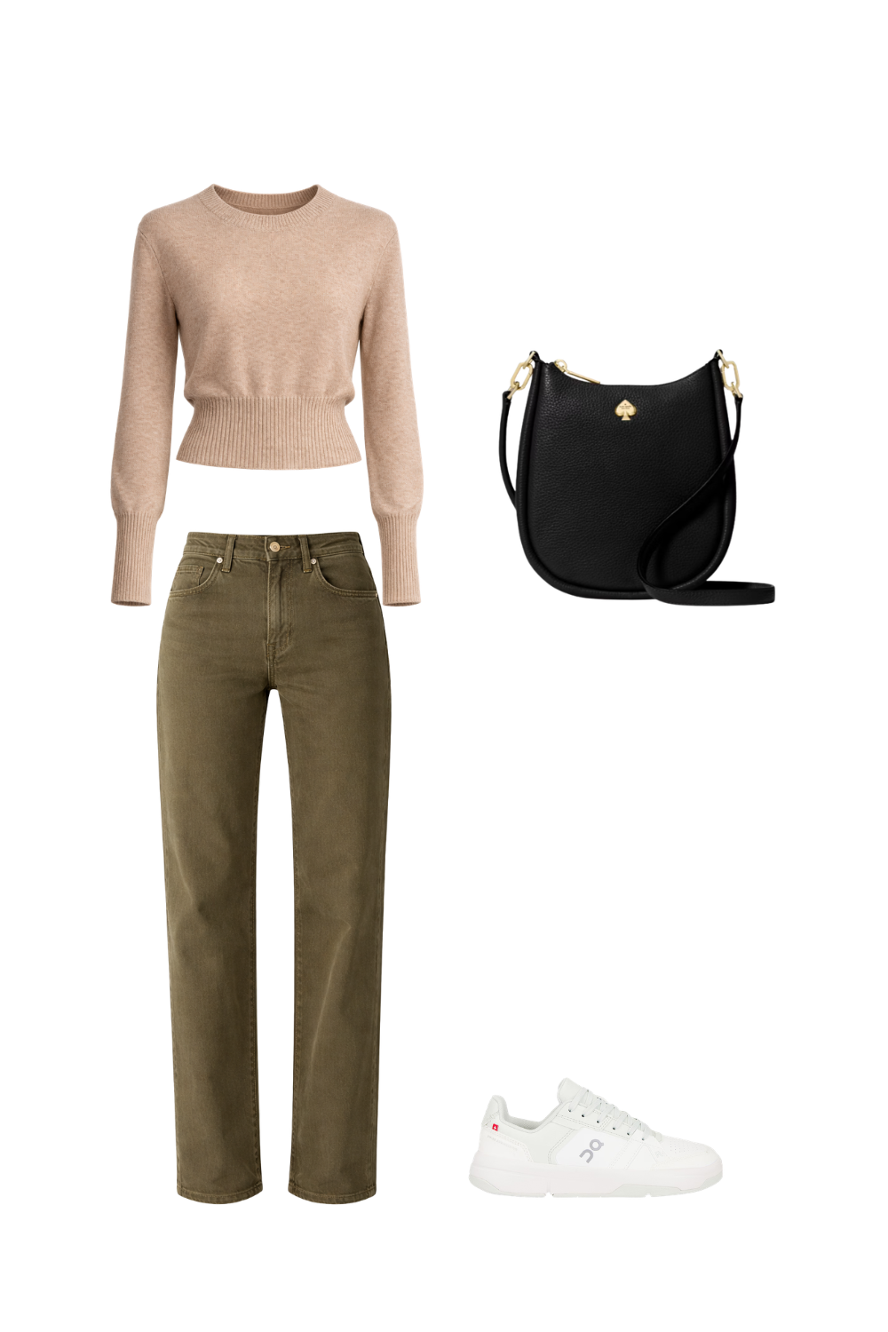How to style jeans in olive relaxed straight denim with cropped knit sweater, crossbody bag and white sneakers.