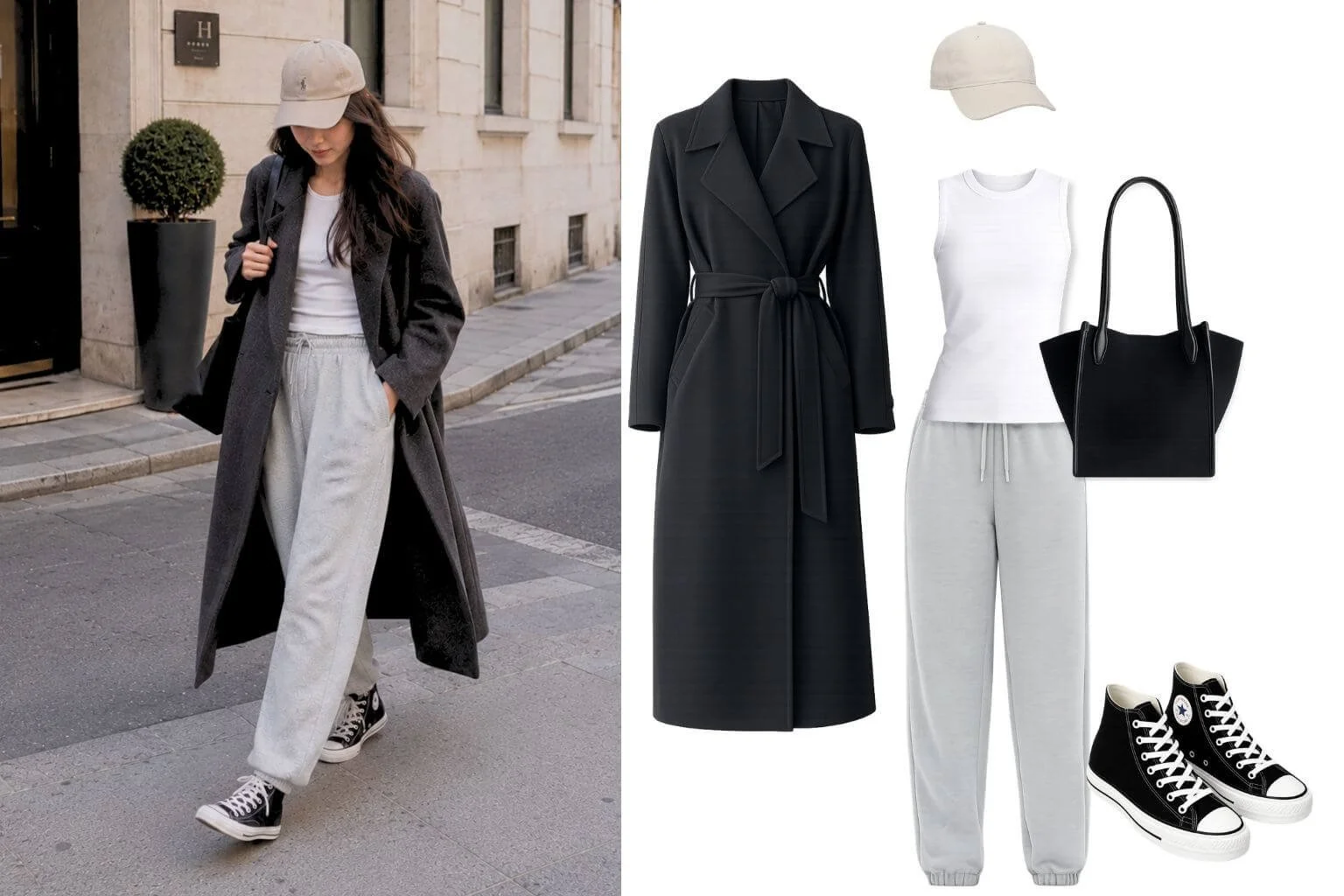 Woman wearing a dark structured wool coat, grey sweatpants, baseball cap, and black Converse sneakers walking through a quiet city street.