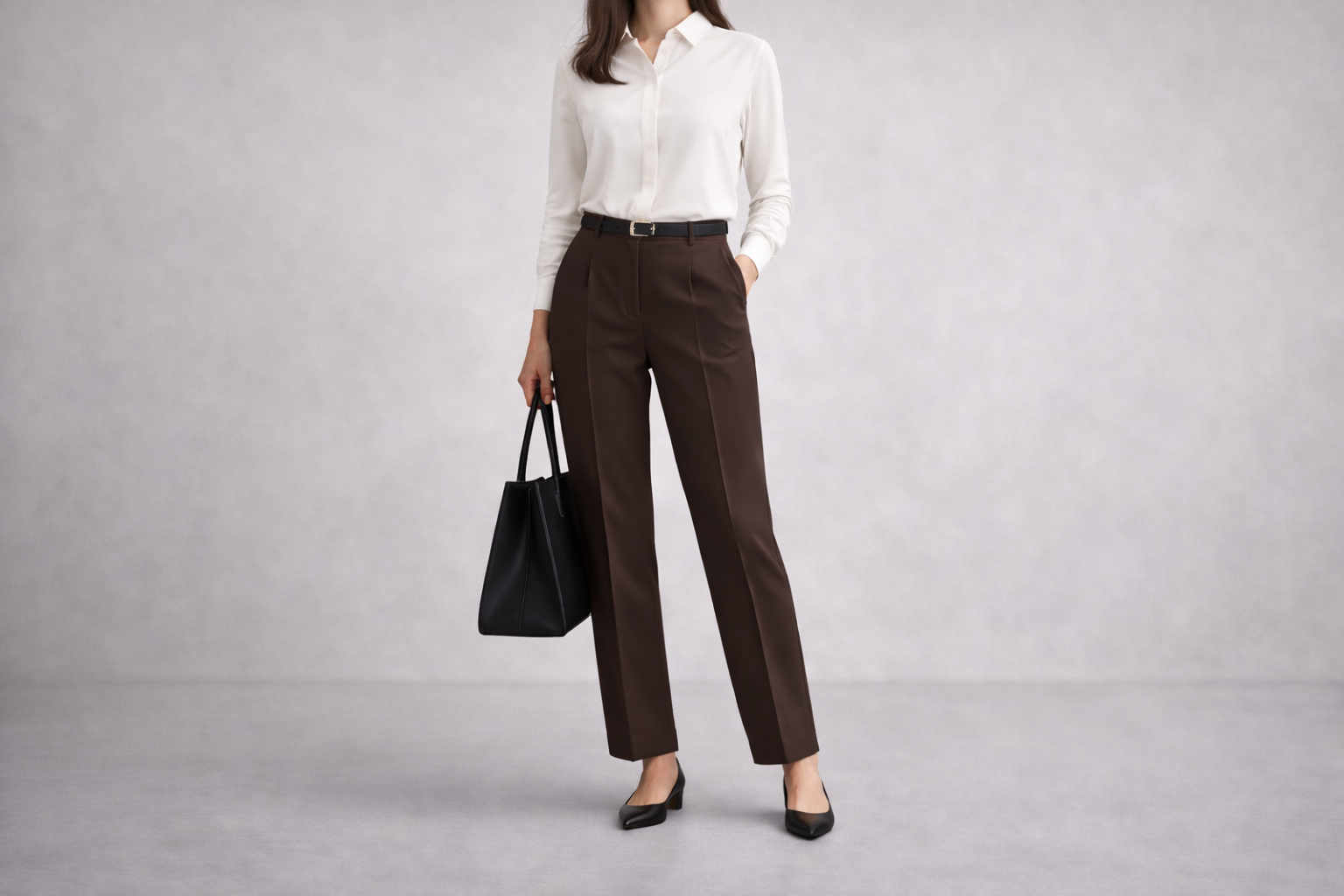Woman wearing espresso brown tailored trousers with an ivory blouse, black structured pumps, and a black tote in a minimal office setting, demonstrating how chocolate brown works in professional outfits.