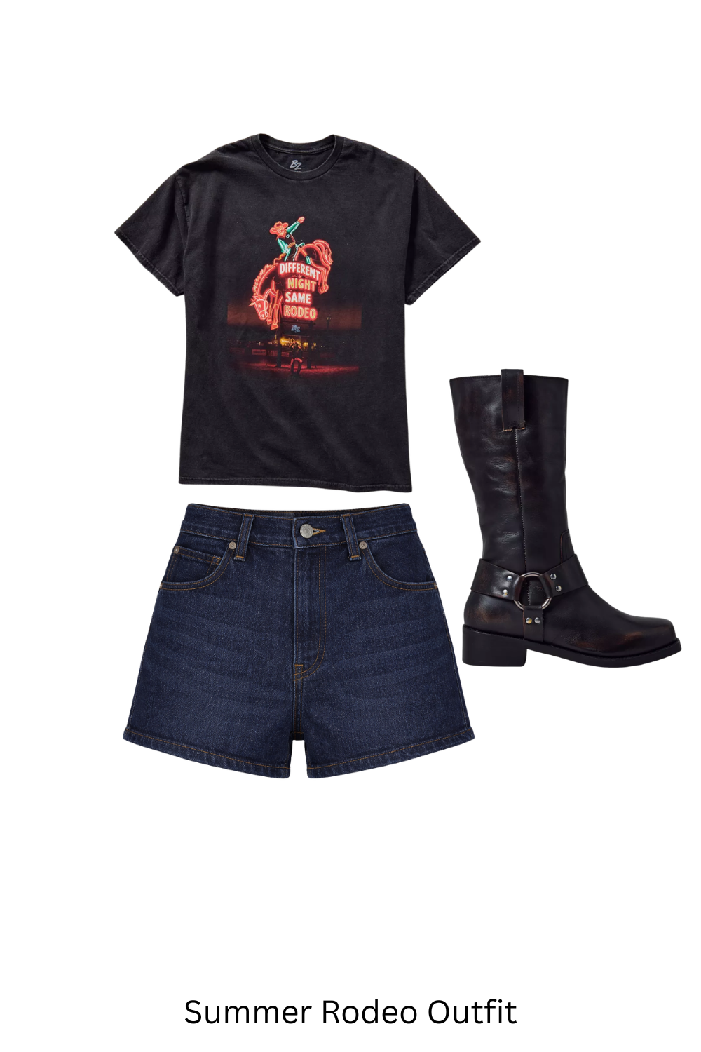Summer rodeo outfit featuring denim shorts, graphic tee and cowboy boots.