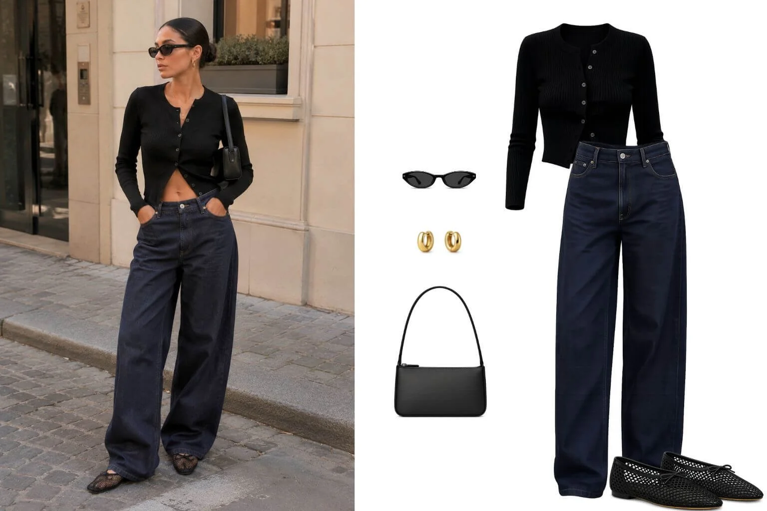 Woman wearing dark wash wide-leg jeans, a fitted black cardigan, black mesh ballet flats, and a small shoulder bag in a relaxed street-style outfit.