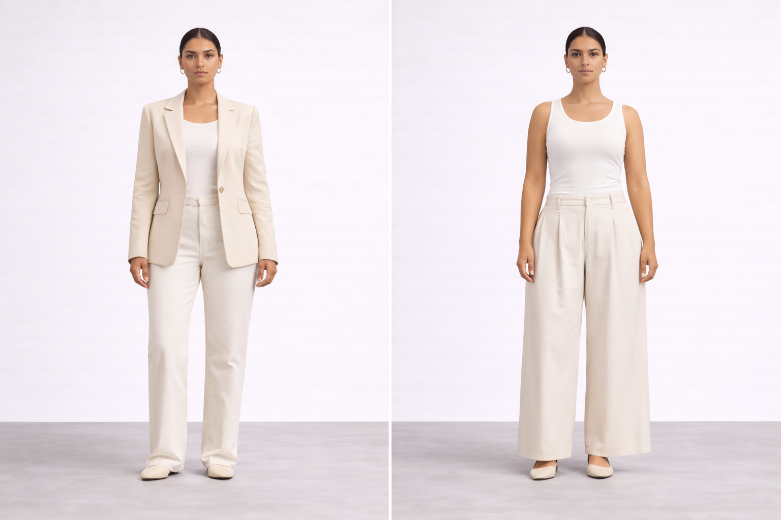 Side-by-side outfit comparison for inverted triangle body type showing soft knit with wide-leg trousers to balance broader shoulders.