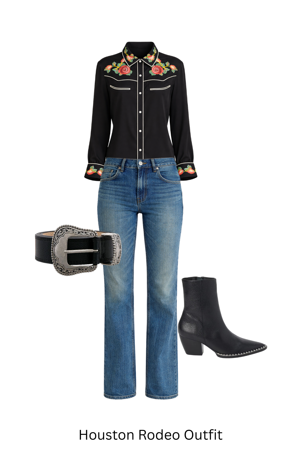 Houston rodeo inspired outfit with bootcut jeans, western blouse and cowboy boots.