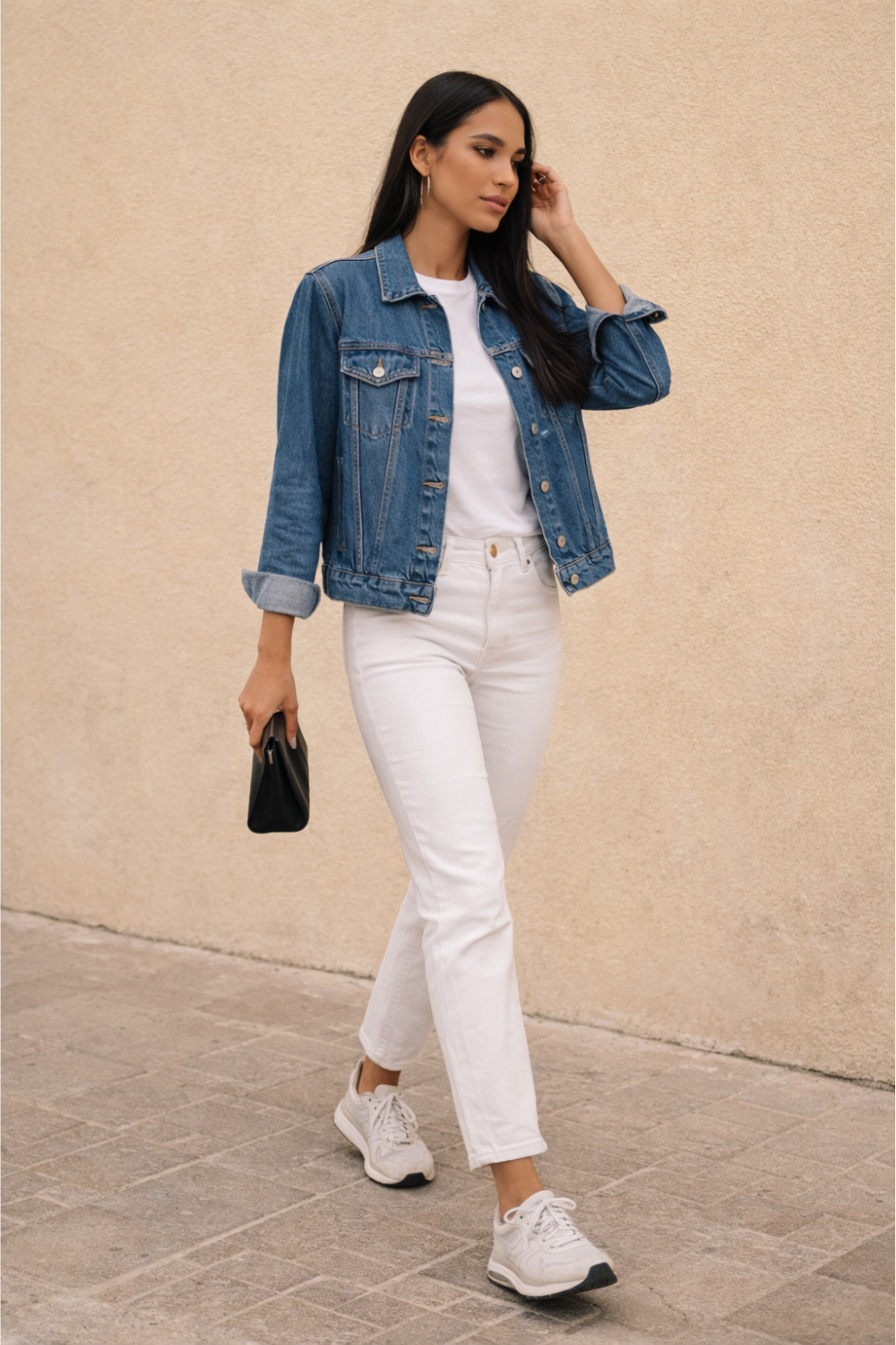 spring outfit ideas for women showing denim jacket paired with white jeans and casual sneakers