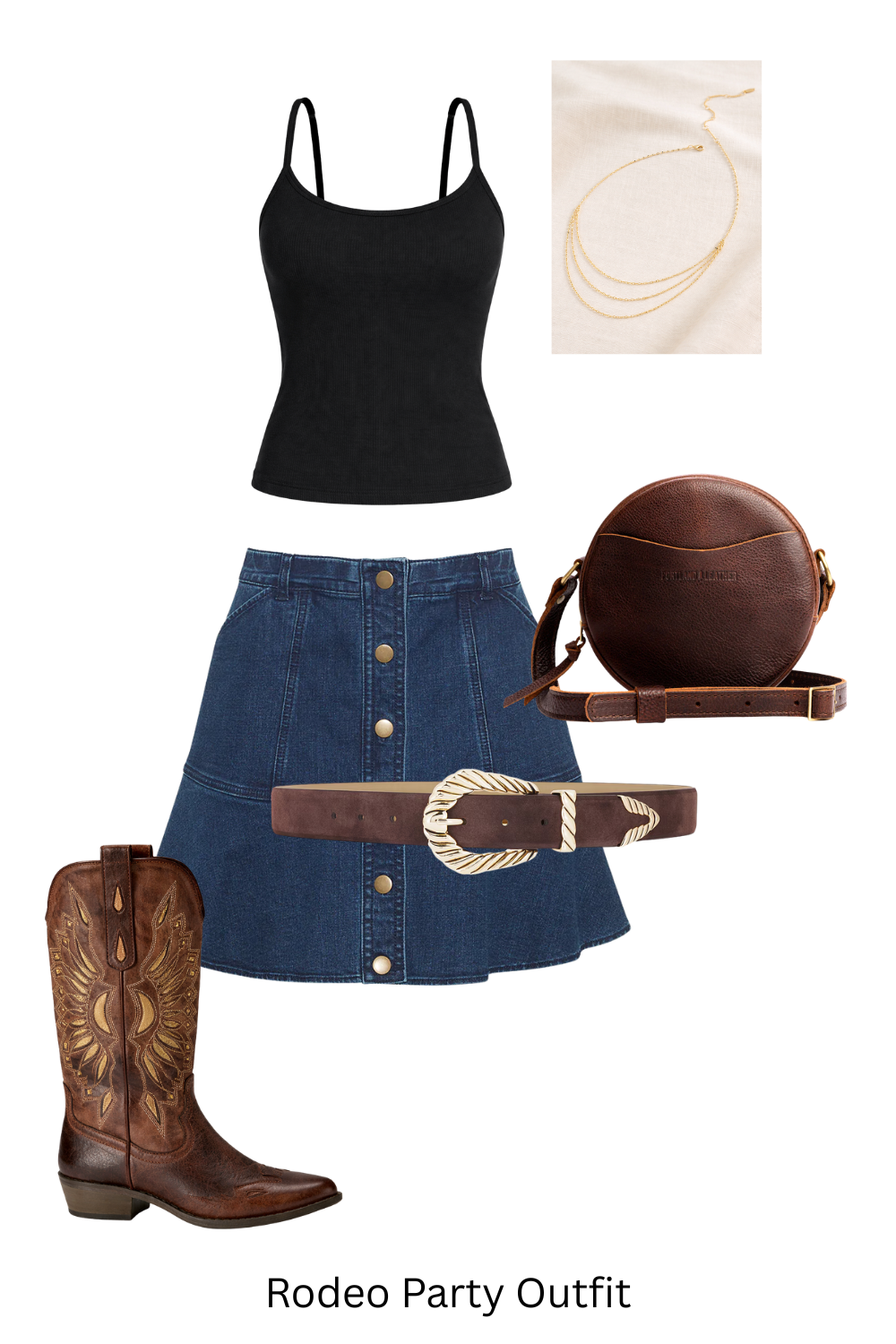 Rodeo party outfit featuring denim skirt, fitted tank top and cowboy boots.