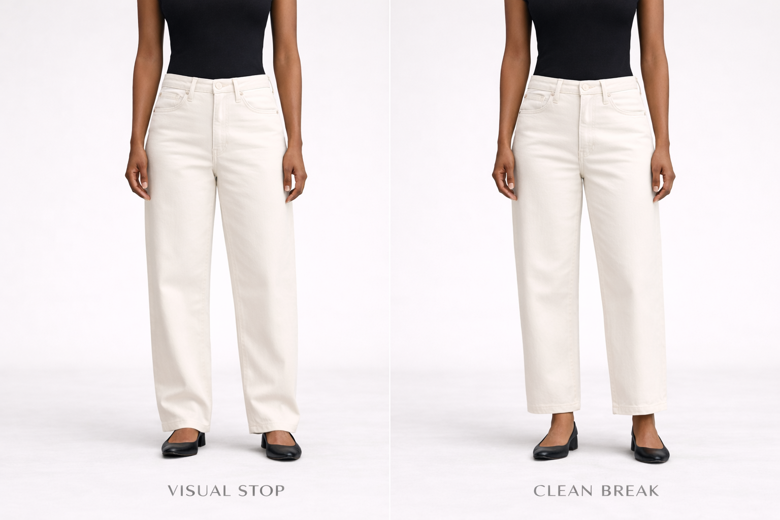 Comparison of wide-leg trousers with hem hitting at the widest part of the calf versus a clean break above the shoe, illustrating vertical line and leg elongation.