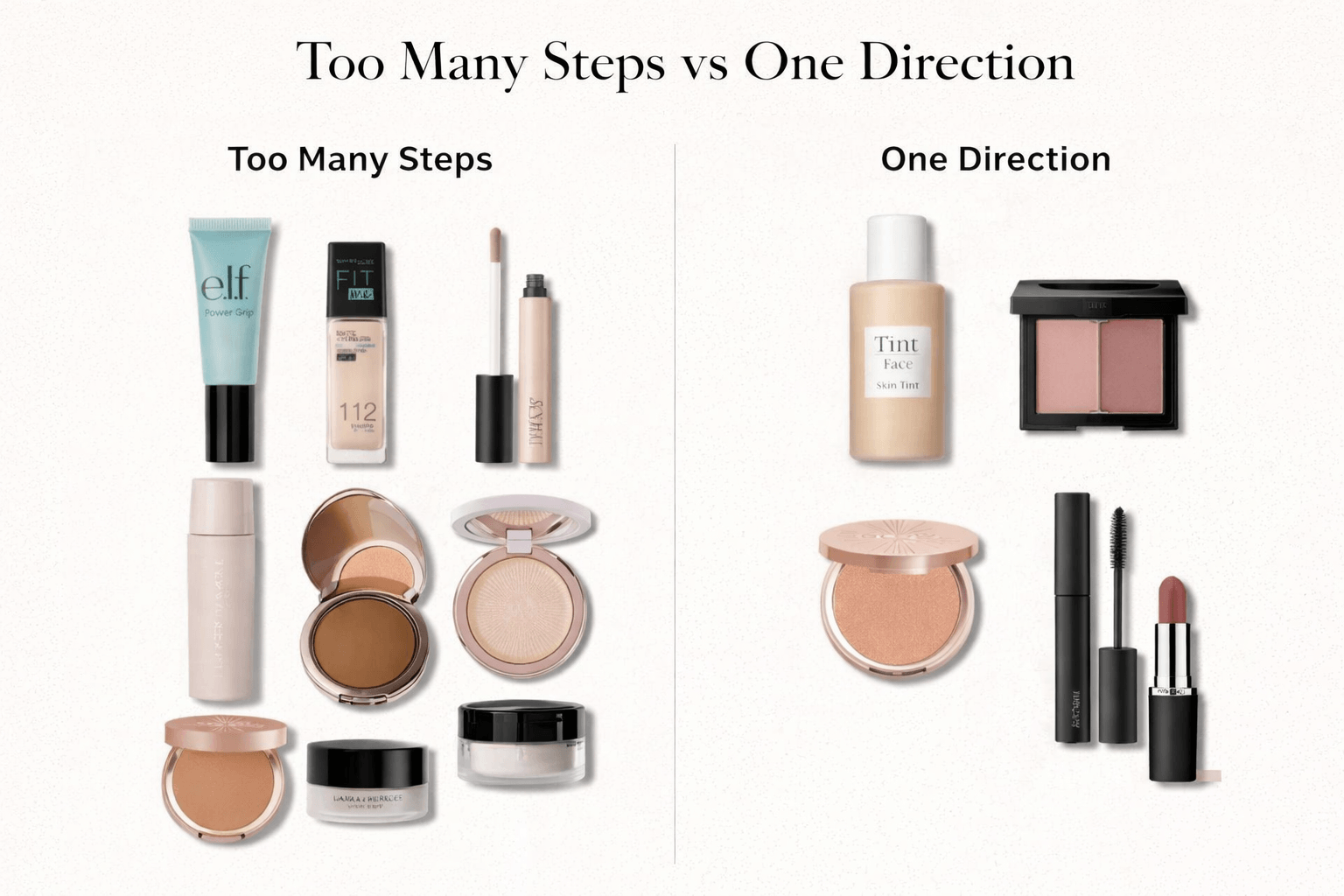 Comparison showing many makeup products versus a minimal makeup routine with fewer essentials.