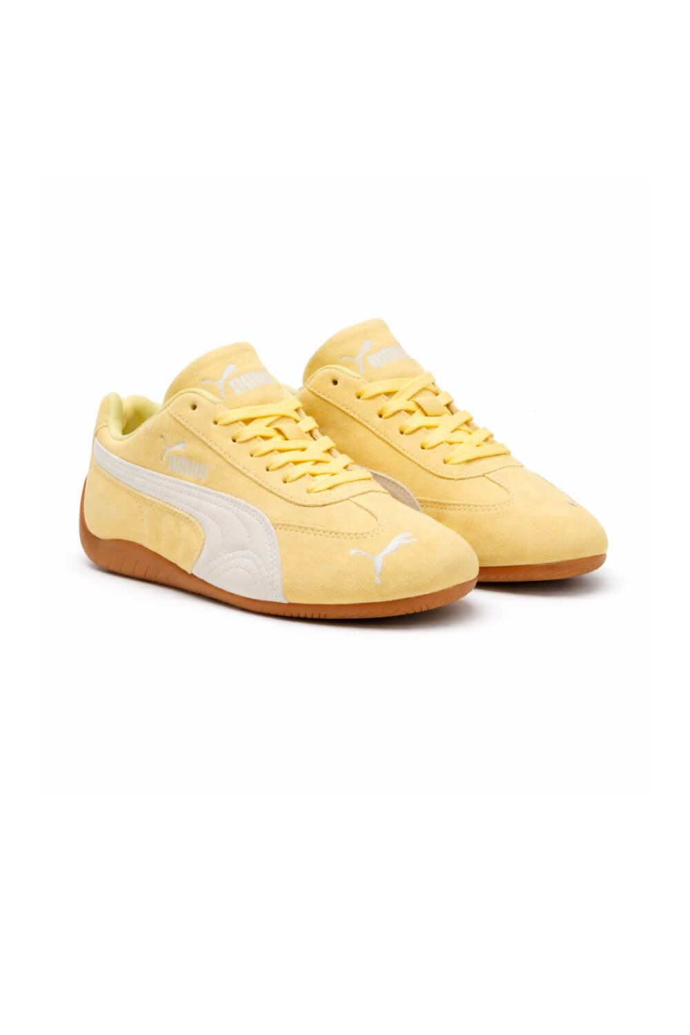 Yellow suede Puma Speedcat OG sneakers with low profile silhouette