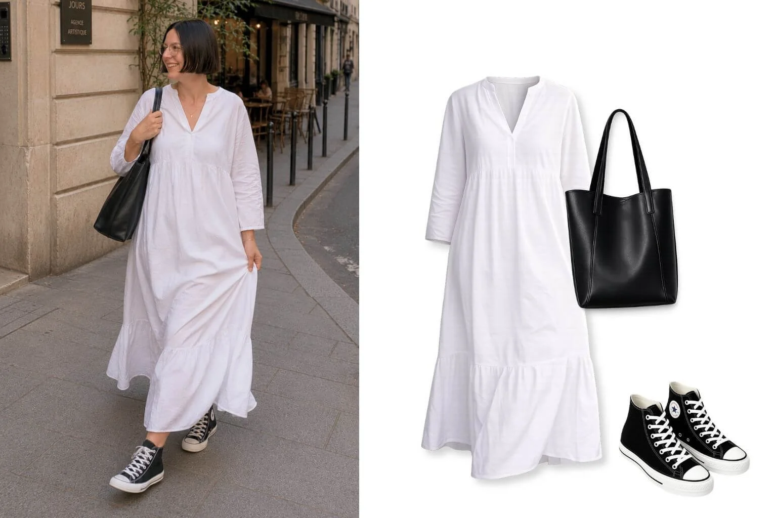Woman wearing a long airy white cotton dress with black Converse sneakers and a black tote bag on a European-inspired street.
